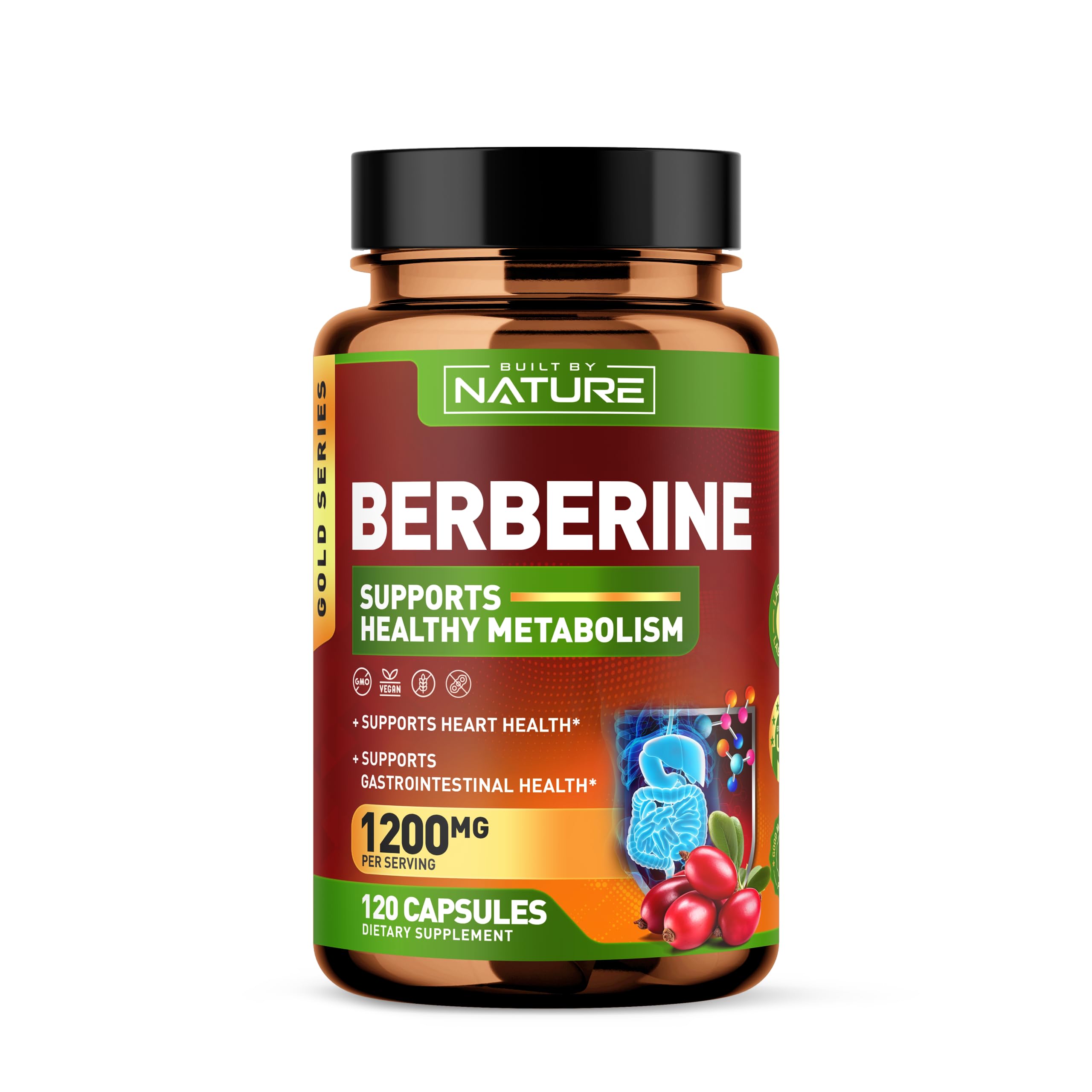 Berberine 1200mg - 100% Pure Berberine HCl Supplement, High Strength Berberine, Natural Support for Metabolic, Heart and Gastrointestinal Health, Non-GMO, Gluten Free, Vegan, 120 Veggie Capsules