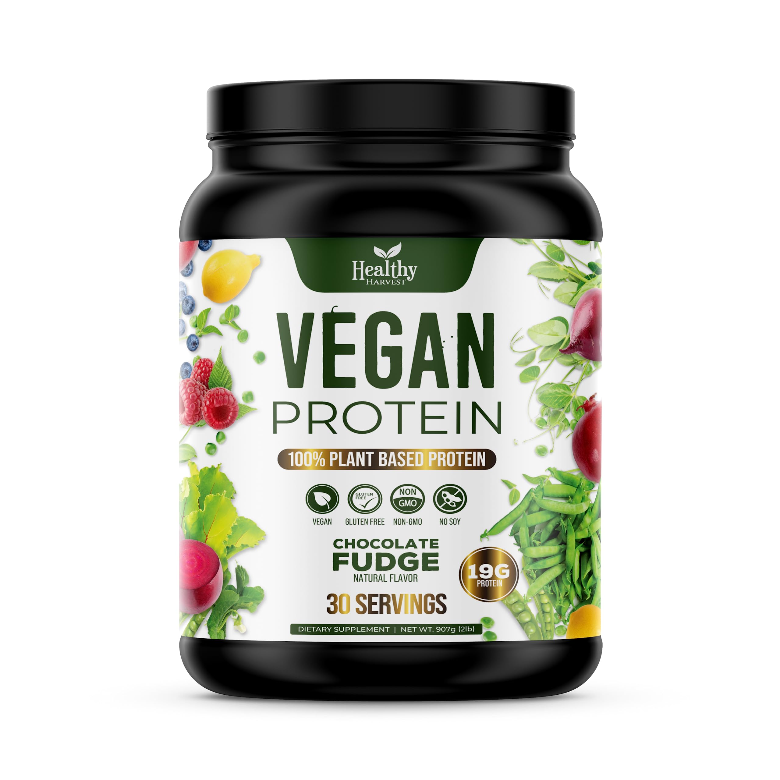 Vegan Protein Powder - 19g Plant Based Protein - Gluten, Dairy, Lactose, Soy Free, Includes Superfoods & BCAAs, For Smoothies & Shakes, Kosher, Keto-friendly, Chocolate Flavor - 2 LB, 30 Servings
