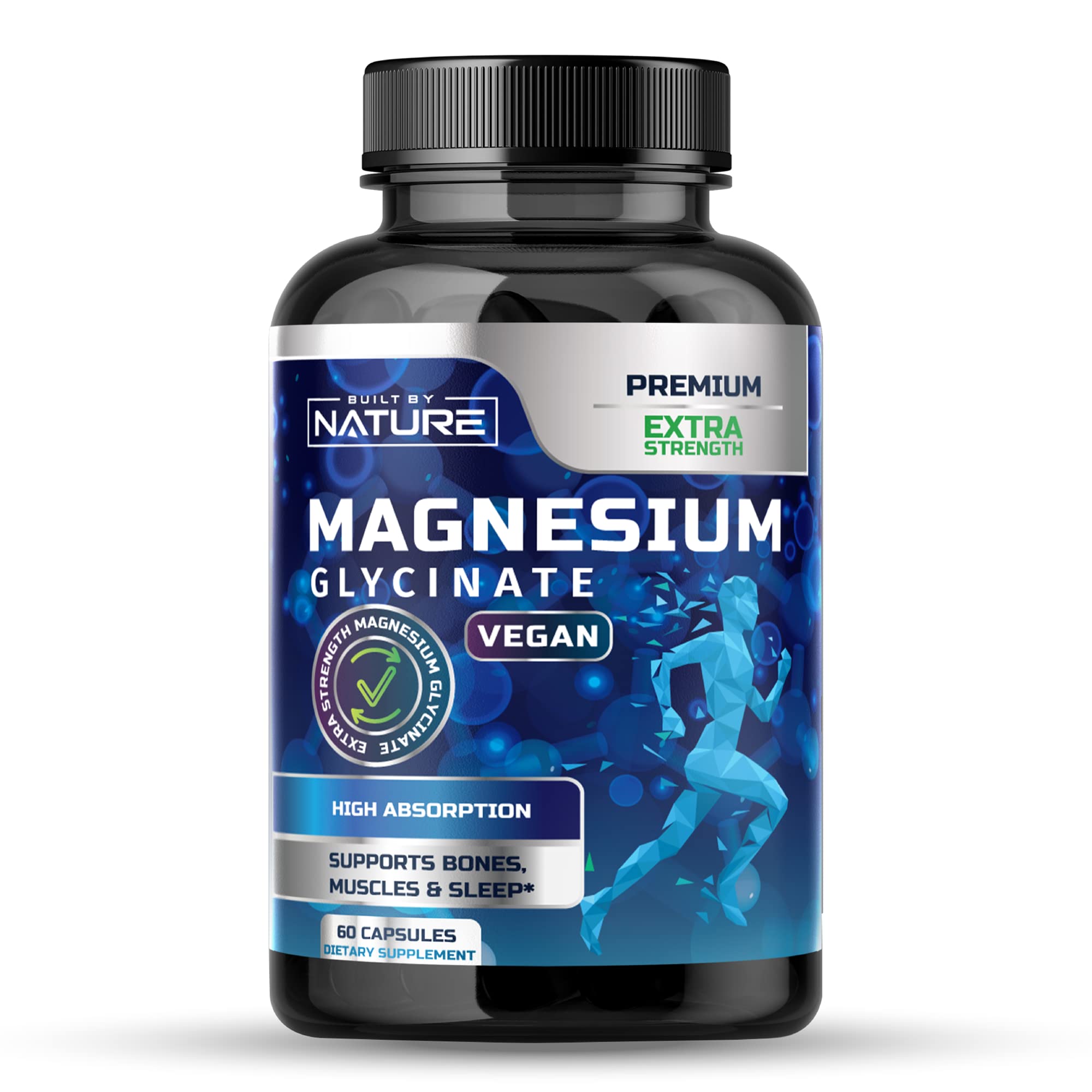 Magnesium Glycinate High Absorption, 100% Chelated, Non-GMO, Vegan, Gluten & Soy Free, for Stress Relief, Sleep, Muscle, Bone & Heart Health, Fully Purified Essential Mineral, 60 Veggie Capsules