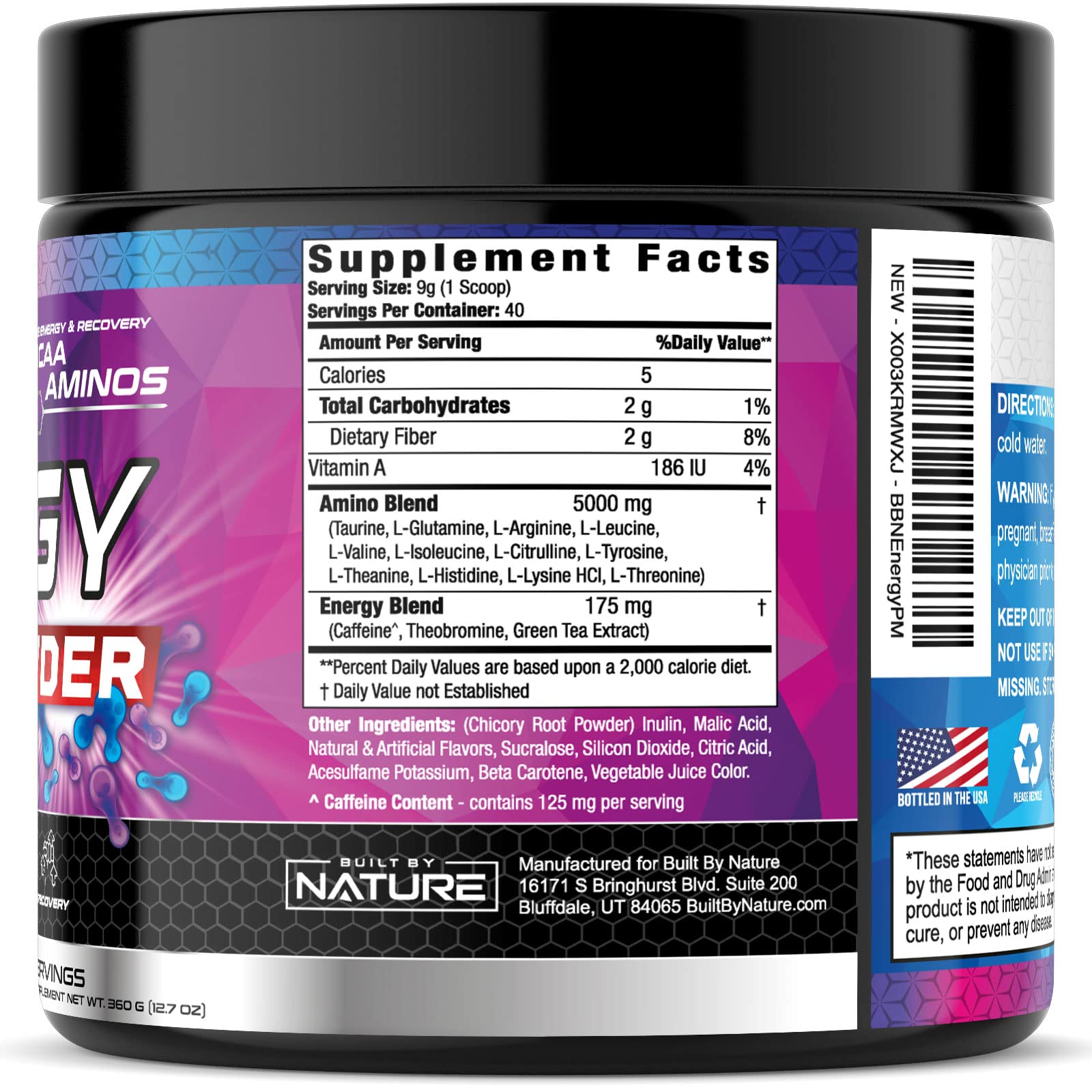 Energy Drink Powder - Zero Sugar, Enriched with BCAA, Taurine, Amino Acids & Green Tea Extract, Amino Energy Pre Workout Performance Booster & Brain Fuel Supplement, Peach Mango Flavor, 40 Servings