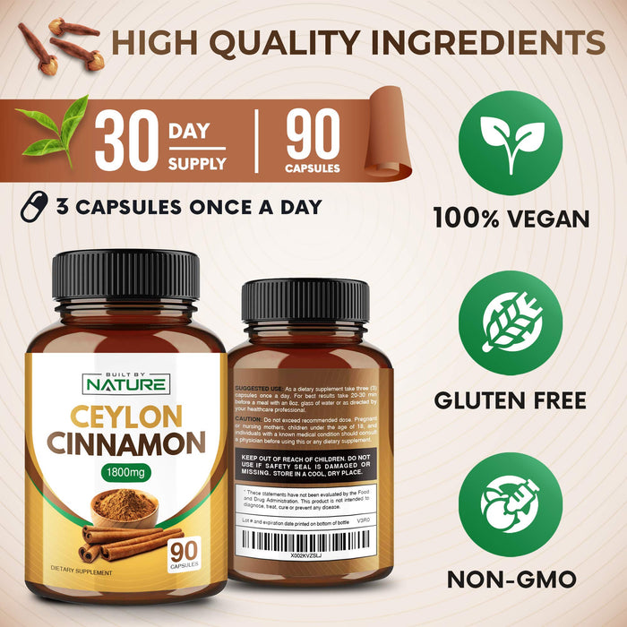 Cinnamon Supplement 1800mg with High Potency Organic Ceylon Cinnamon Powder, Supports Sugar Metabolism and Heart Health, Natural Antioxidant, Vegetarian, Non-GMO, Gluten Free, 90 Capsules