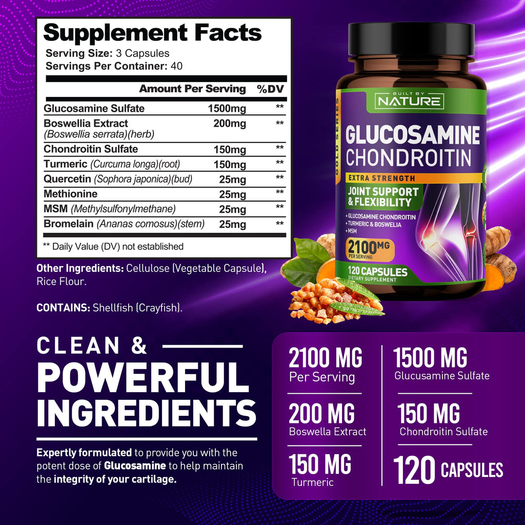 Glucosamine Chondroitin with MSM, Turmeric, Boswellia - Advanced Joint Support Supplement, High Potency Antioxidant, Comfort for Back, Knees, Hands, Non GMO, 120 Extended Delivery Capsules