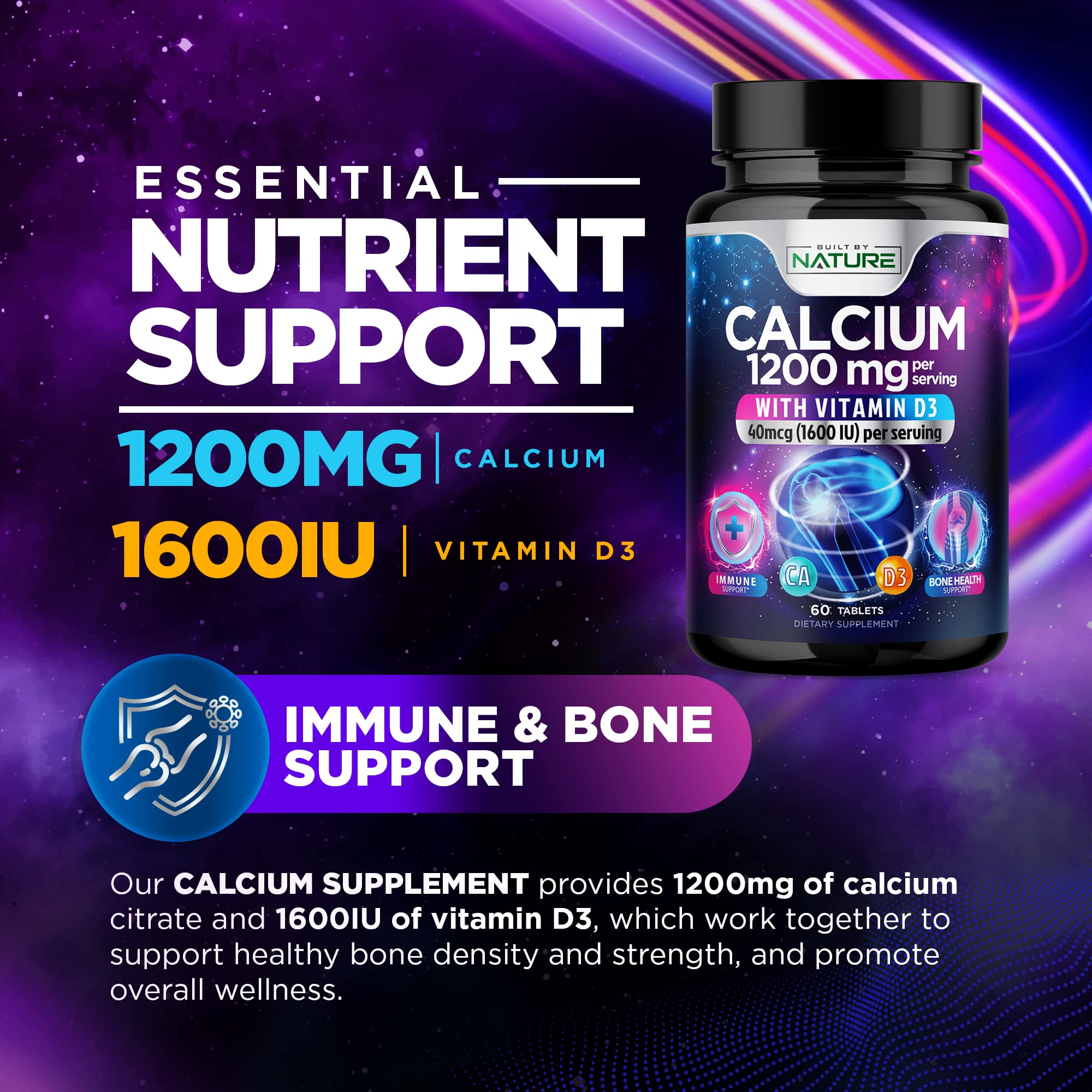 Calcium 1200mg with Vitamin D3 for Best Absorption - Advanced Bone Support Supplement, 1200 mg Calcium Carbonate & 1600 IU Vitamin D, Slow Release for Immune Support, Easy to Swallow, 120 Tablets