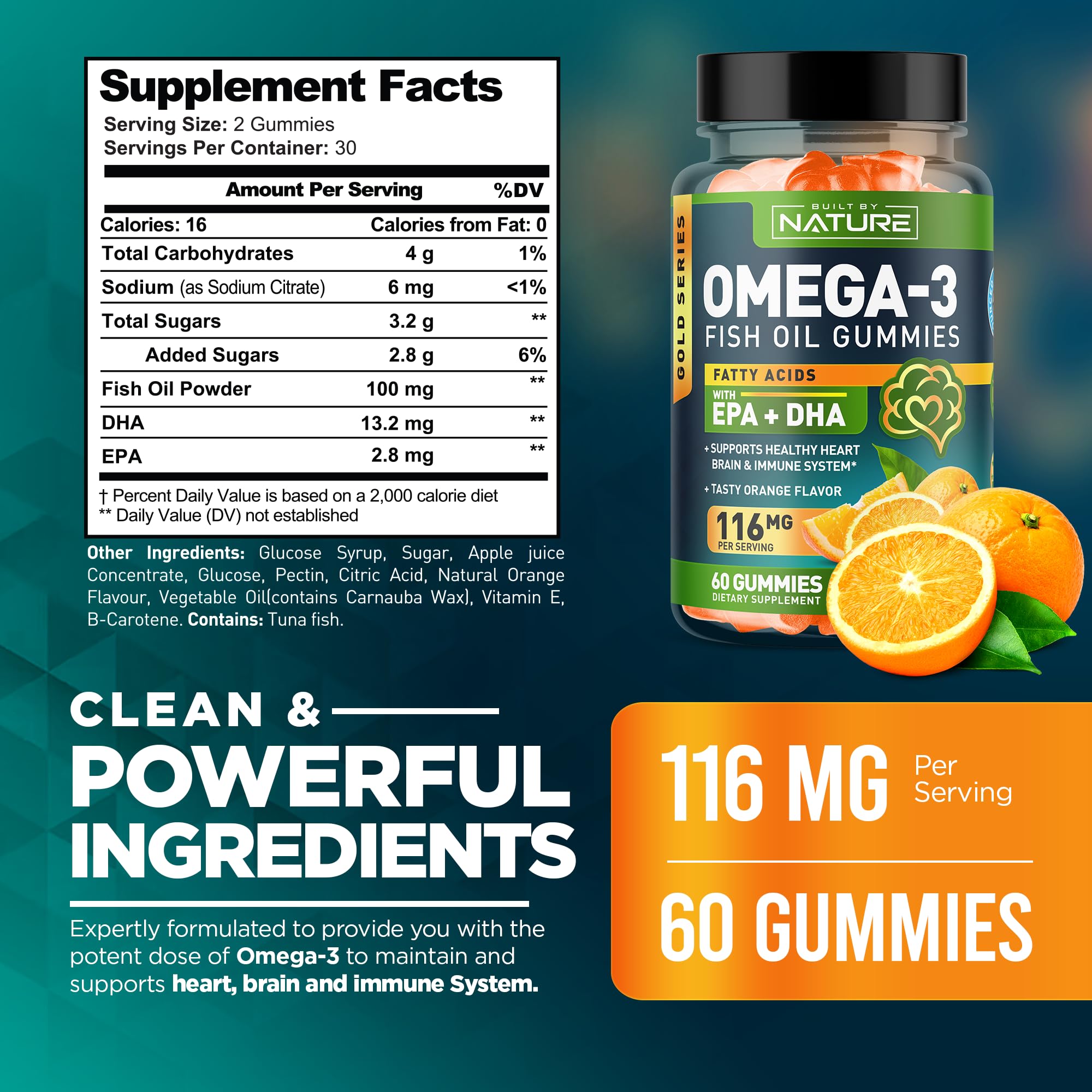 Omega 3 Fish Oil Gummies with EPA & DHA from Wild Fish - Triple Strength Omega 3 Fish Oil Gummy, Supports Healthy Heart, Brain & Immune System, Burpless & Natural - 60 Gummies, 30 Day Supply
