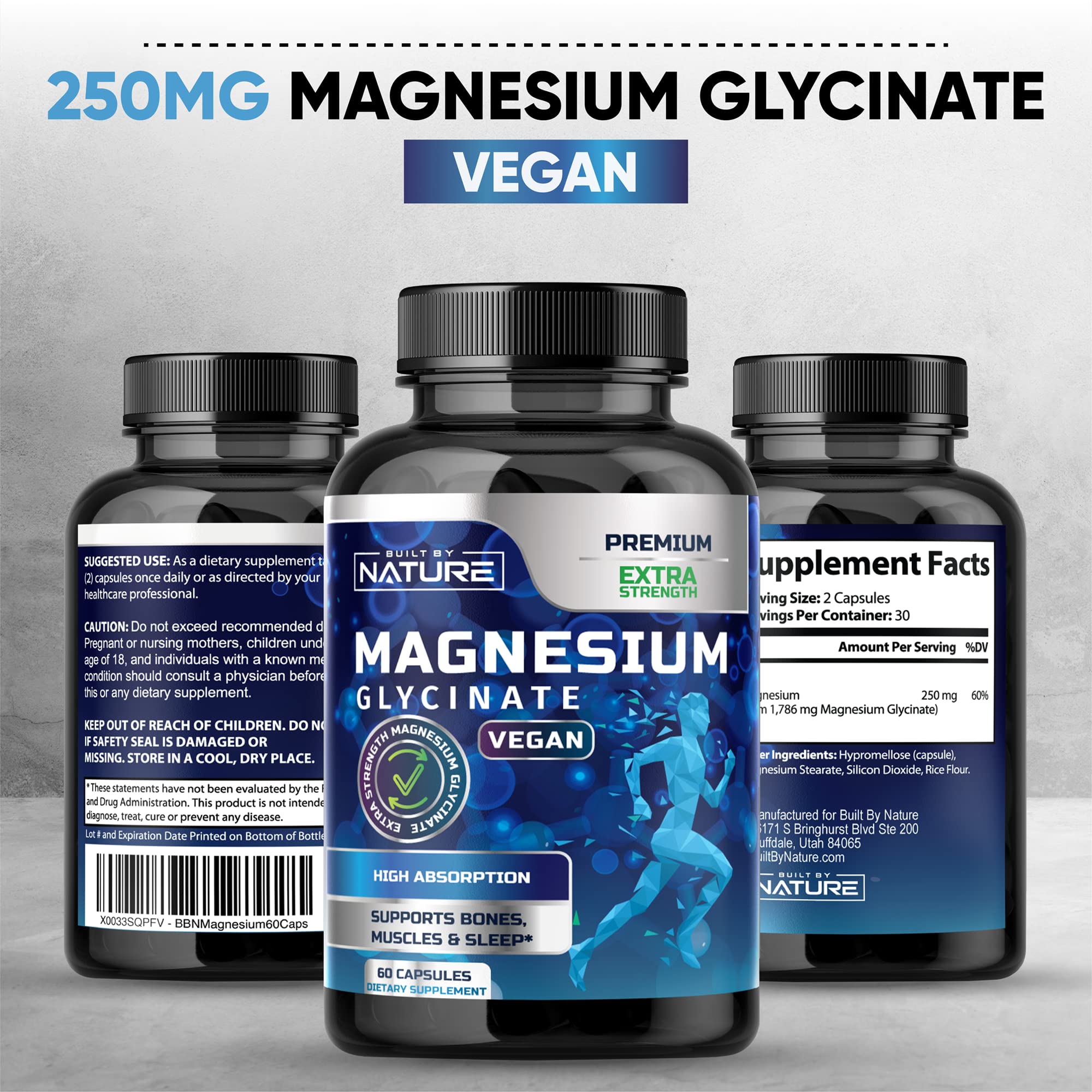 Magnesium Glycinate High Absorption, 100% Chelated, Non-GMO, Vegan, Gluten & Soy Free, for Stress Relief, Sleep, Muscle, Bone & Heart Health, Fully Purified Essential Mineral, 60 Veggie Capsules