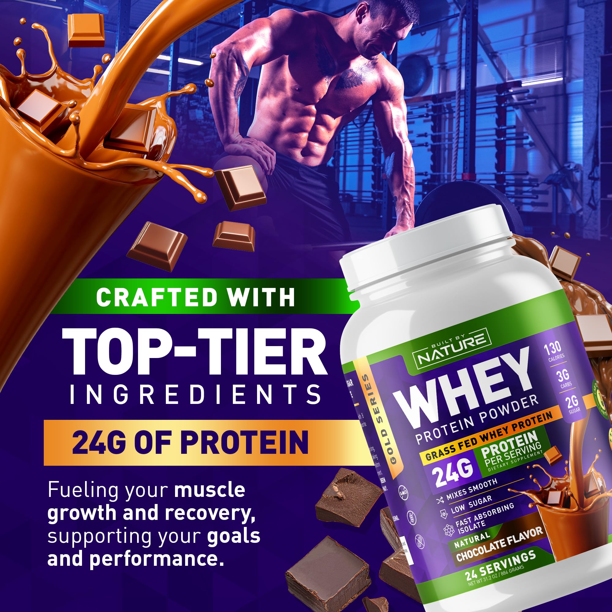 Built by Nature Whey Protein Powder - 100% Pure Whey Shake with Whey Isolate, Protein, No Bloating, Mixes Smooth, No Clumps or Chunks - High Protein, Low Sugar Drink