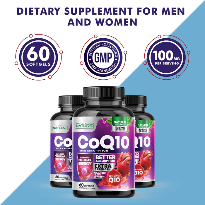 CoQ10 100mg Softgels, High Absorption Coenzyme Q10, Heart Health & Energy Production Support, Rapid Release Antioxidant Supplement - Gluten Free, Naturally Fermented, 60 Count – 2 Month Supply