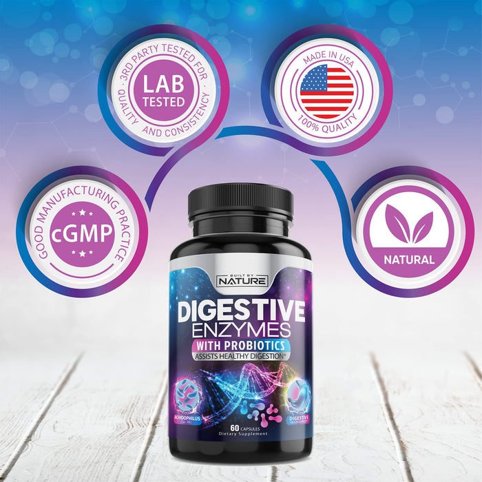 Digestive Enzymes for Optimal Digestive Health - Bromelain, Lactase, Lipase, Papain, Probiotics & Prebiotics - Relief from Bloating, Gas & Constipation, Gut Health & Immune Support - 60 Capsules