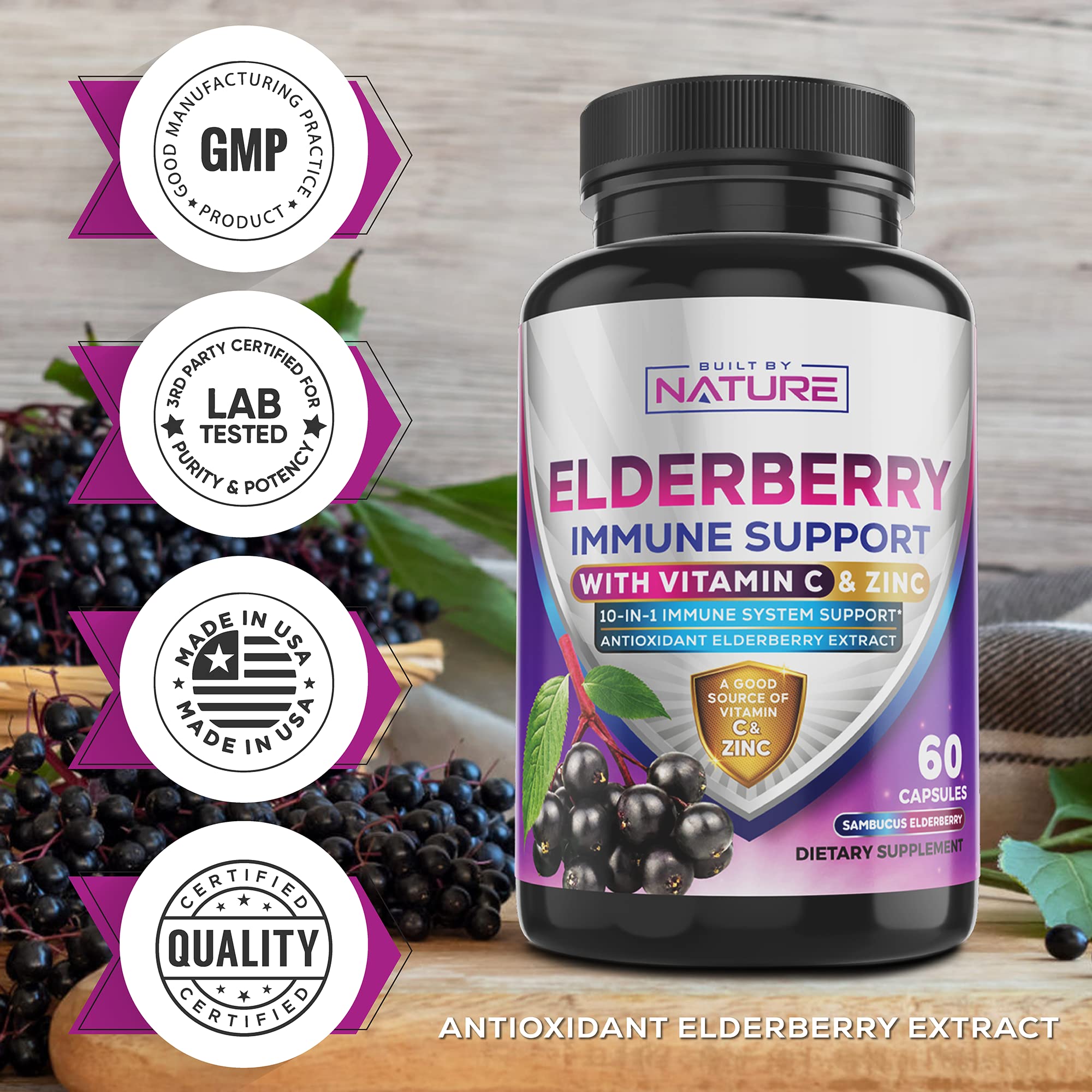 Built by Nature Elderberry Immune Support with Vitamin C and Zinc for Adults- Comprehensive Extra Strength Immune System Booster with Vitamins, Minerals, and Probiotics, 60 Capsules