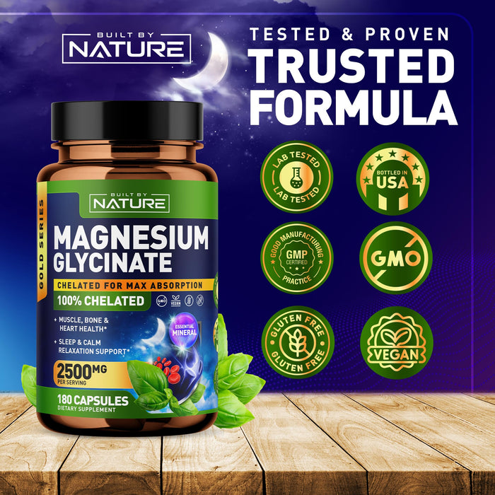 Magnesium Glycinate High Absorption, 100% Chelated, Non-GMO, Vegan, Gluten & Soy Free, for Stress Relief, Sleep, Muscle, Bone & Heart Health, Fully Purified Essential Mineral, 180 Veggie Capsules