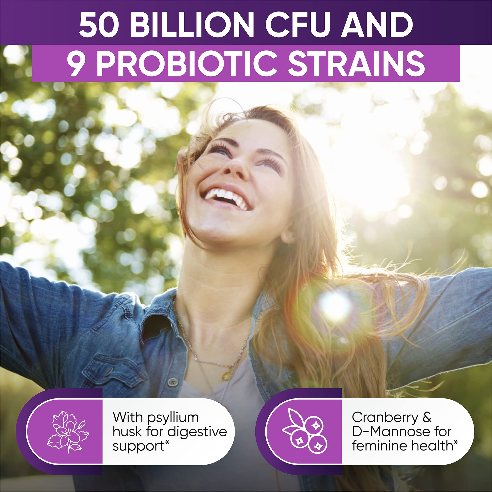 Probiotics for Women 50 Billion CFU, 9 Probiotic Strains with Prebiotics, Cranberry & D-Mannose, Digestive, Immune, Vaginal & Urinary Health, Shelf Stable, Delayed Release, 30 Veggie Capsules