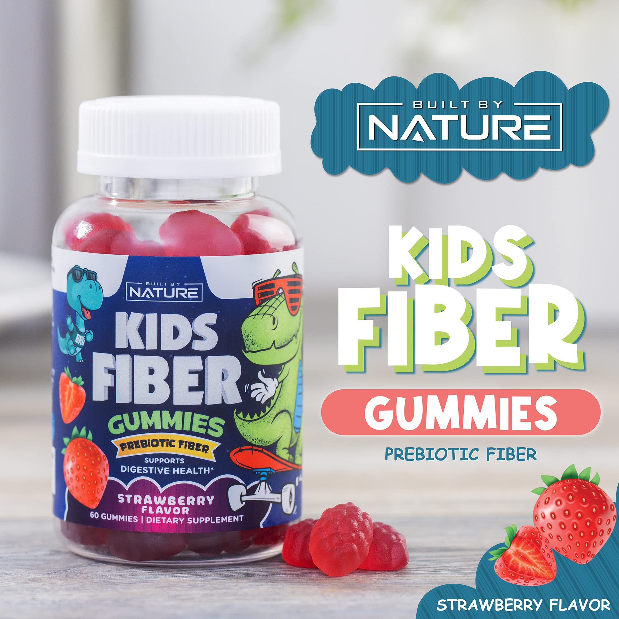 Kids Fiber Gummies, Daily Chicory Root Fiber Supplement, Plant Based, Non-GMO, for Digestive and Intestinal Gut Health, Low Sugar Prebiotic Fiber Gummy for Children, Strawberry Flavored, 60 Gummies