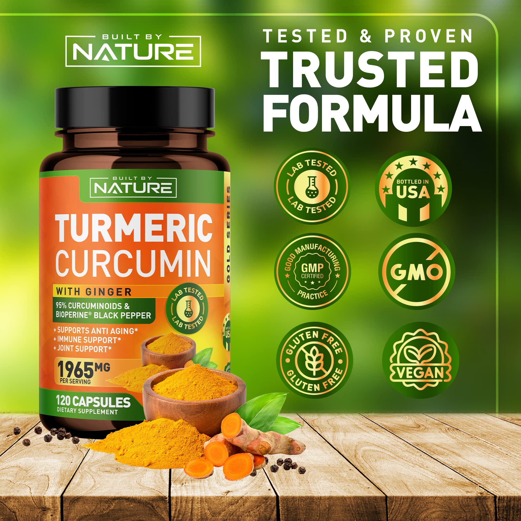 Turmeric Curcumin 1965mg with Ginger & BioPerine Black Pepper Extract - High Absorption 95% Curcuminoids for Joint & Antioxidant Support - Non-GMO, Gluten-Free, Vegan - 120 Herbal Supplement Capsules