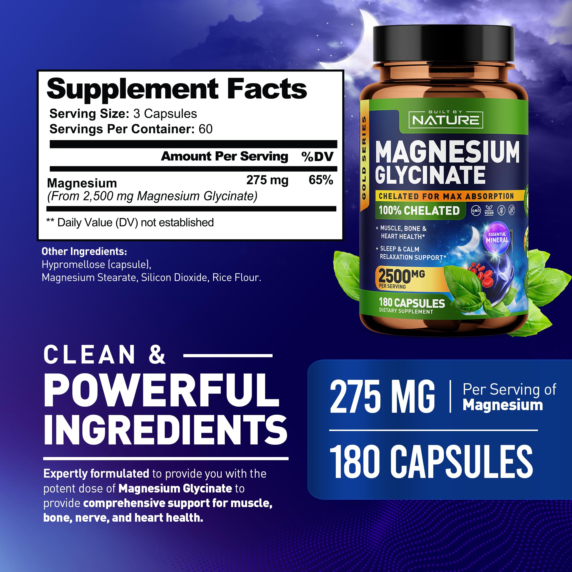 Magnesium Glycinate High Absorption, 100% Chelated, 250mg Magnesium Supplement, Non-GMO, Vegan, Gluten & Soy Free, 180 Veggie Capsules