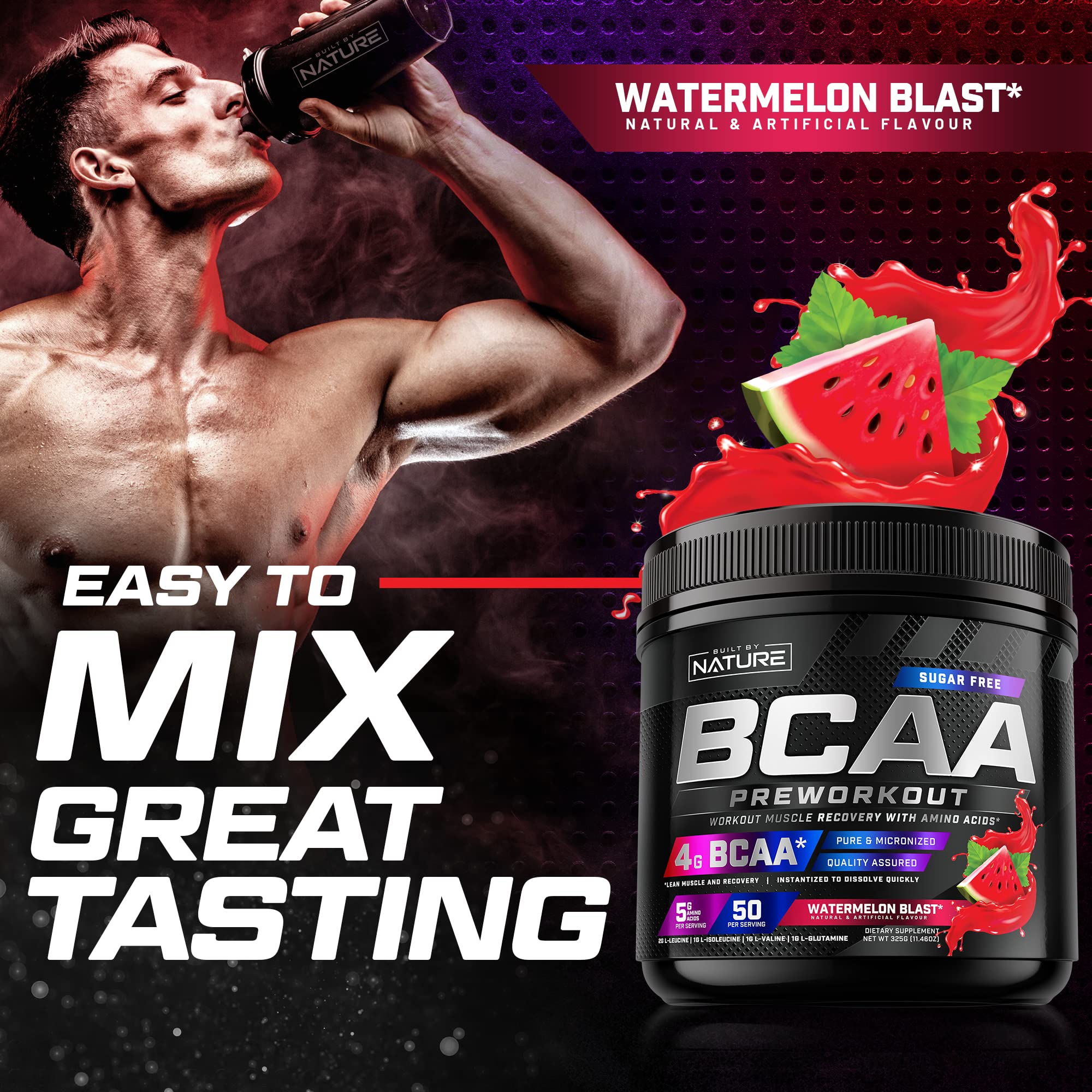 BCAA Powder - Post Workout Muscle Recovery & Hydration Supplement with Essential Amino Acids - Keto-Friendly, Sugar-Free - Watermelon Flavor - 4g BCAAs plus 1g Glutamine per Serving, 50 Servings