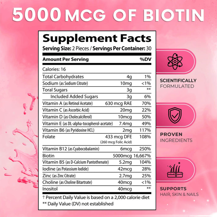 Hair Vitamins - Ultra Strength Biotin 5000 mcg with Vitamins C, E, D & B12 - Supports Hair Growth, Strength & Health - Vegetarian, Non-GMO, Gluten-Free Gummy Supplement - Biotin for Women, 60 Gummies