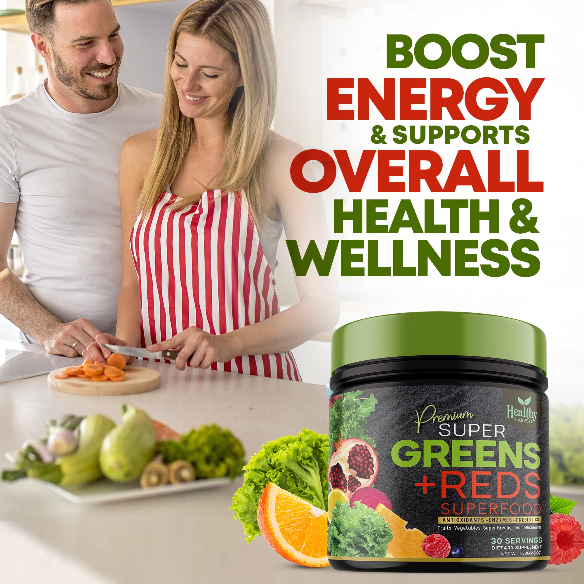 Greens Powder Superfood Supplement - Super Green Reds Smoothie Mix Blend with Spirulina, Wheat Grass, Chlorella, Beets, Digestive Enzymes, Natural Antioxidants - Vegan, Non-GMO - 30 Servings