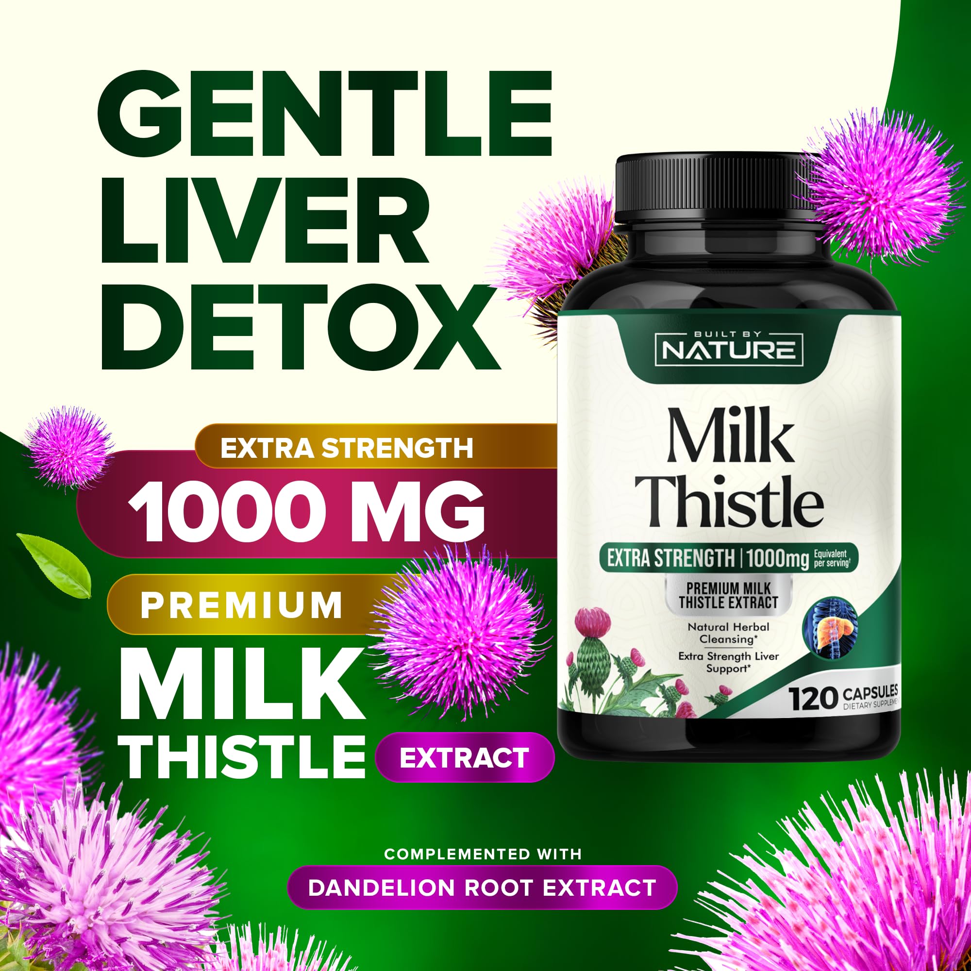 Built by Nature Milk Thistle 1000mg - Liver Detox Supplement with Silymarin Extract & Dandelion Root – Gentle Herbal Liver Cleanse for Men & Women - Liver Health Support - Non-GMO