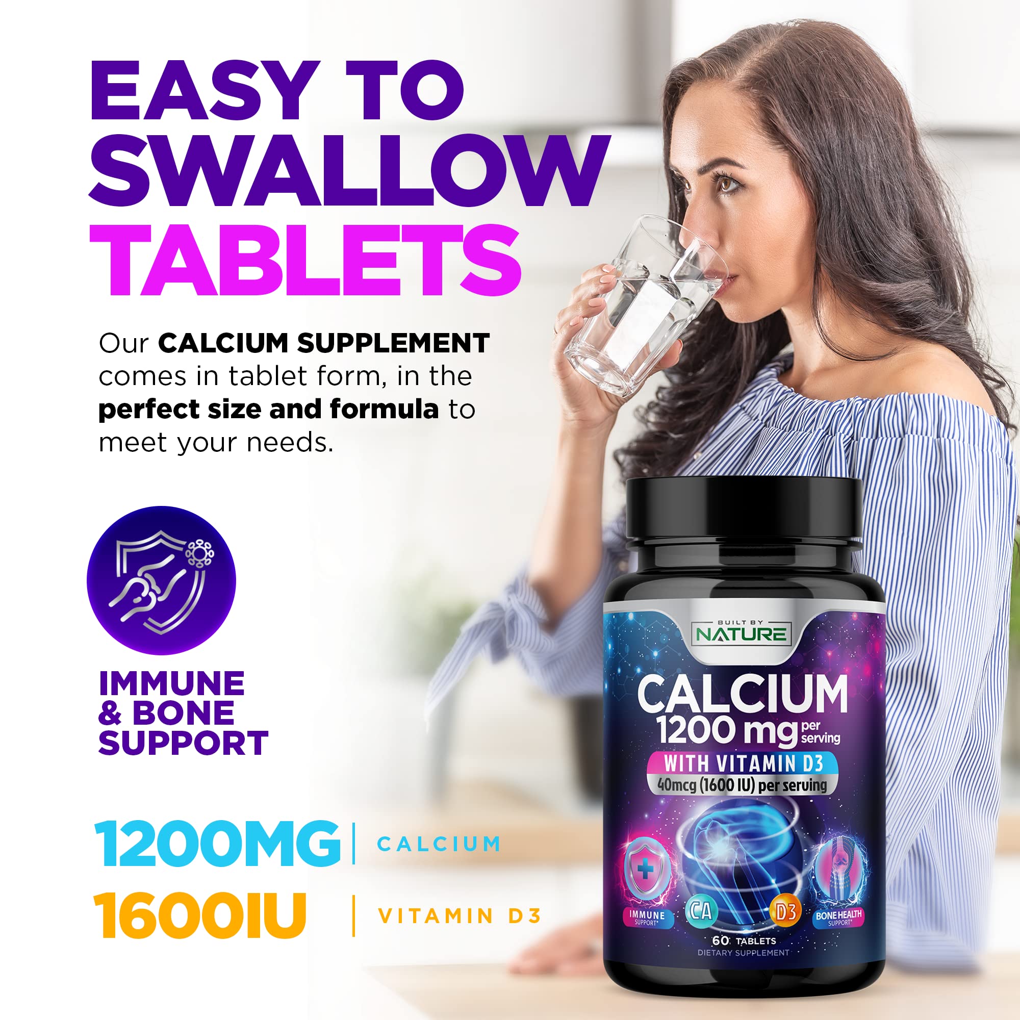 Calcium 1200mg with Vitamin D3 for Best Absorption - Advanced Bone Support Supplement, 1200 mg Calcium Carbonate & 1600 IU Vitamin D, Slow Release for Immune Support, Easy to Swallow, 120 Tablets