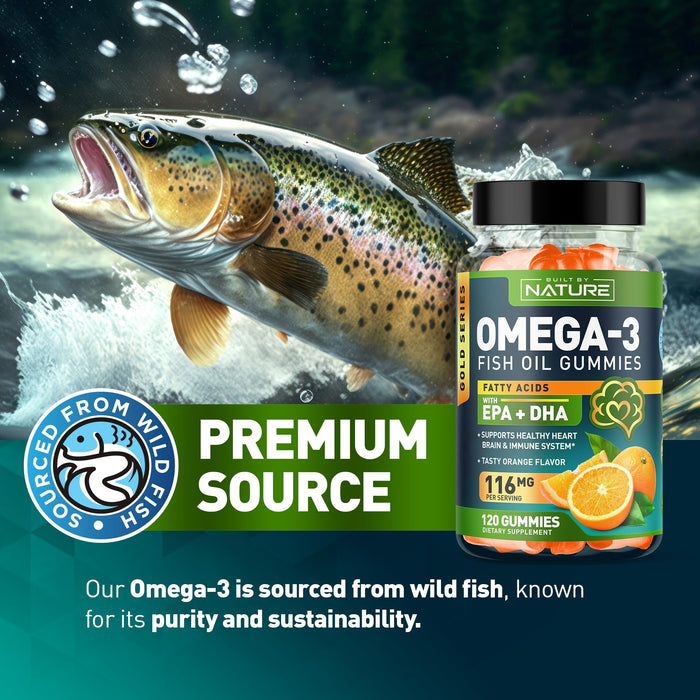 Omega 3 Fish Oil Gummies with EPA & DHA from Wild Fish - Triple Strength Omega 3 Fish Oil Gummy, Supports Healthy Heart, Brain & Immune System, Burpless & Natural - 60 Gummies, 30 Day Supply