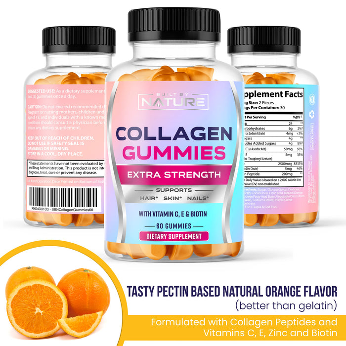 Collagen Powder Gummies, Hydrolyzed Type Peptides with Biotin and Vitamin C, Grass-Fed Gummy, Healthy Hair, Skin, Nails, Bones & Joints, Keto & Paleo Friendly, Non-GMO, Orange Flavor, 60 Gummies