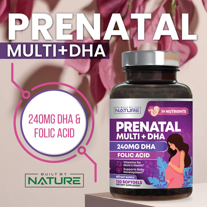Built by Nature Prenatal Vitamins for Women - Multivitamin with DHA, Folic Acid, Vitamin C, B12, Iron & Omega-3 - Before, During & Post Pregnancy Supplement for Healthy Growth & Brain Development