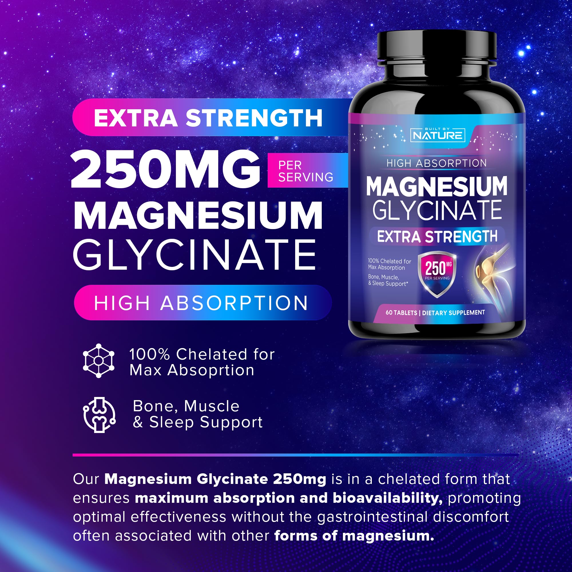 Magnesium Glycinate 250mg - High Absorption Chelated Magnesium Supplement - 100% Pure Magnesium Glycinate - Stress, Sleep, Heart, and Muscle Health Support - Non-GMO, Vegan, Gluten-Free