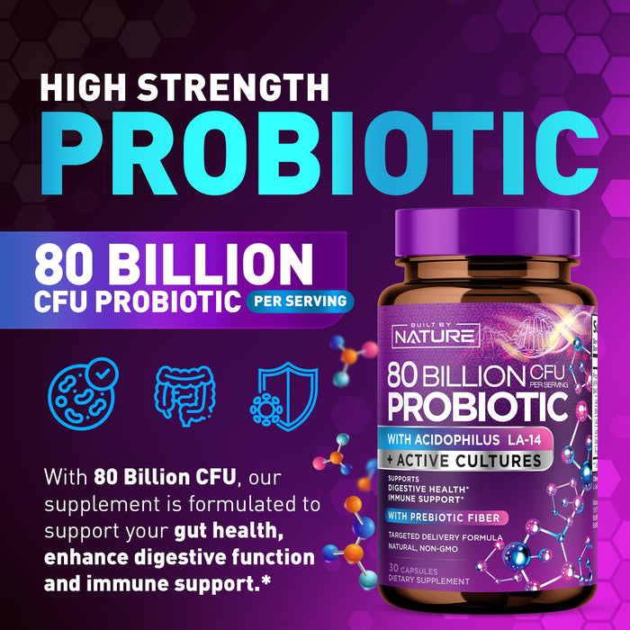 80 Billion CFU Probiotic - Daily Digestive Gut Health Supplement for Men & Women - Lactobacillus acidophilus, Bifidobacterium & Prebiotics - Non-GMO, Gluten & Dairy Free, Shelf-Stable - 60 Capsules