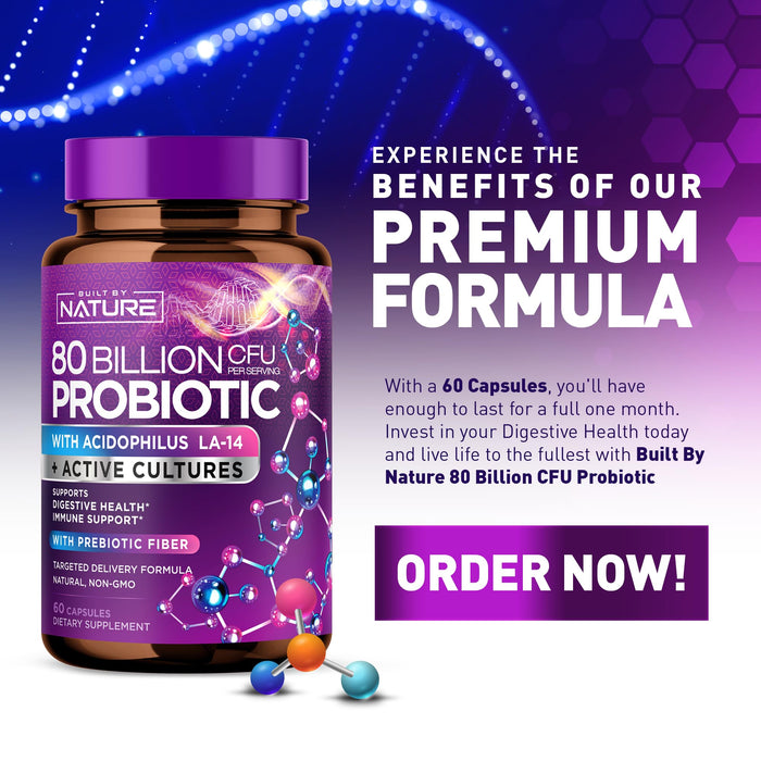 80 Billion CFU Probiotic - Daily Digestive Gut Health Supplement for Men & Women - Lactobacillus acidophilus, Bifidobacterium & Prebiotics - Non-GMO, Gluten & Dairy Free, Shelf-Stable - 60 Capsules