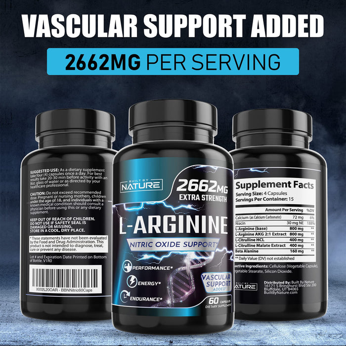 Nitric Oxide Supplement L Arginine Extra Strength - Citrulline Malate, AAKG, Beta Alanine - Premium Muscle Supporting Nitric Booster for Strength & Energy to Train Harder - 60 Capsules
