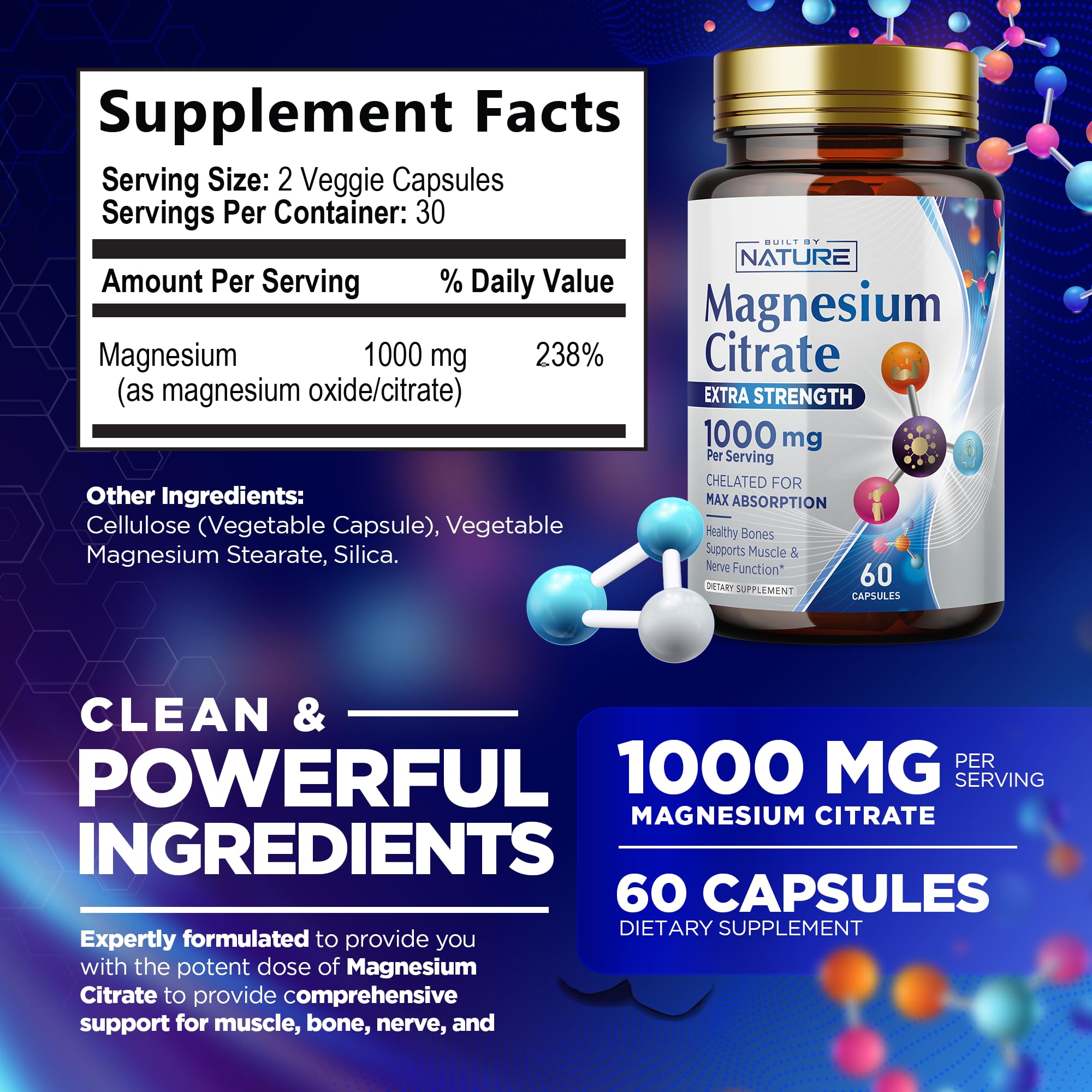 Magnesium Citrate 1000mg - Max Absorption & High Potency Magnesium Complex Supplement for Heart, Muscle, Nerve, Bone Health & Stress Relief - Non-GMO, Gluten-Free