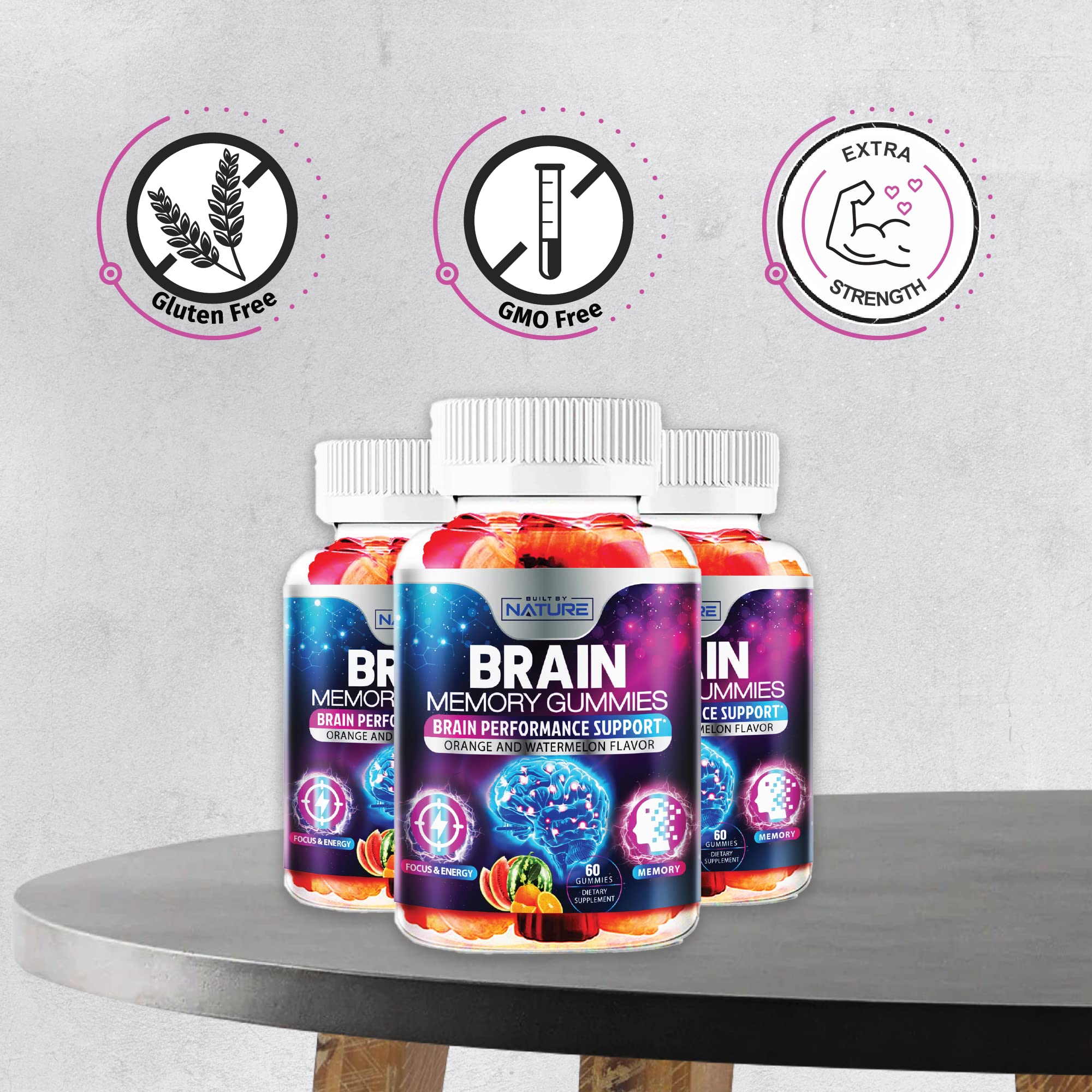 Nootropic Brain Booster Gummies Supplement - Memory, Focus & Concentration Gummy with Vitamins B6 & B12, Proven and Tested Phosphatidylserine - Natural Cognitive Function & Energy Boost, 60 Gummies