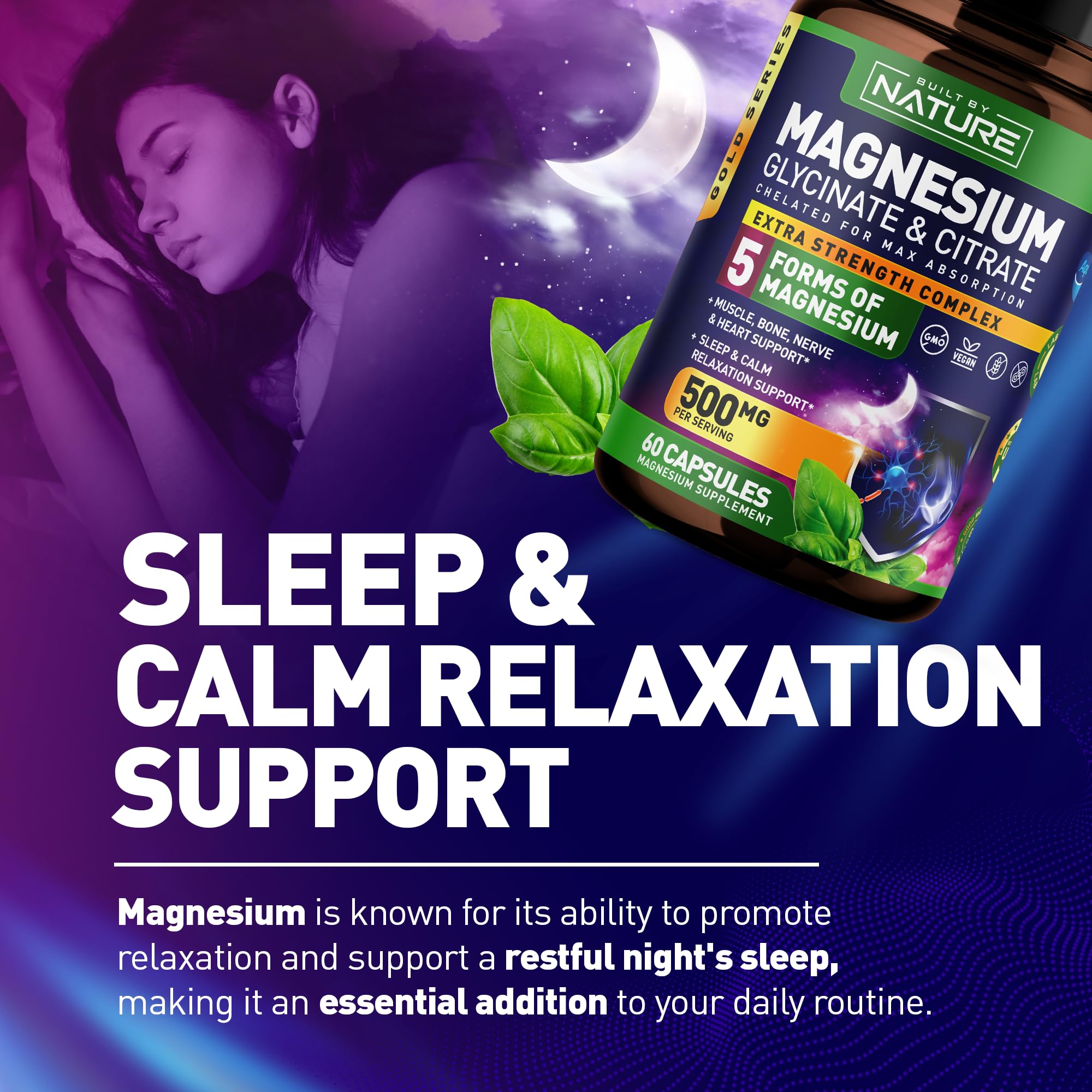 Magnesium Complex 500mg - 5 Forms of Magnesium Glycinate, Citrate, Malate, Oxide & Aquamin with 72 Trace Minerals - Chelated for Absorption - Supplement for Muscle, Nerve, Heart & Sleep
