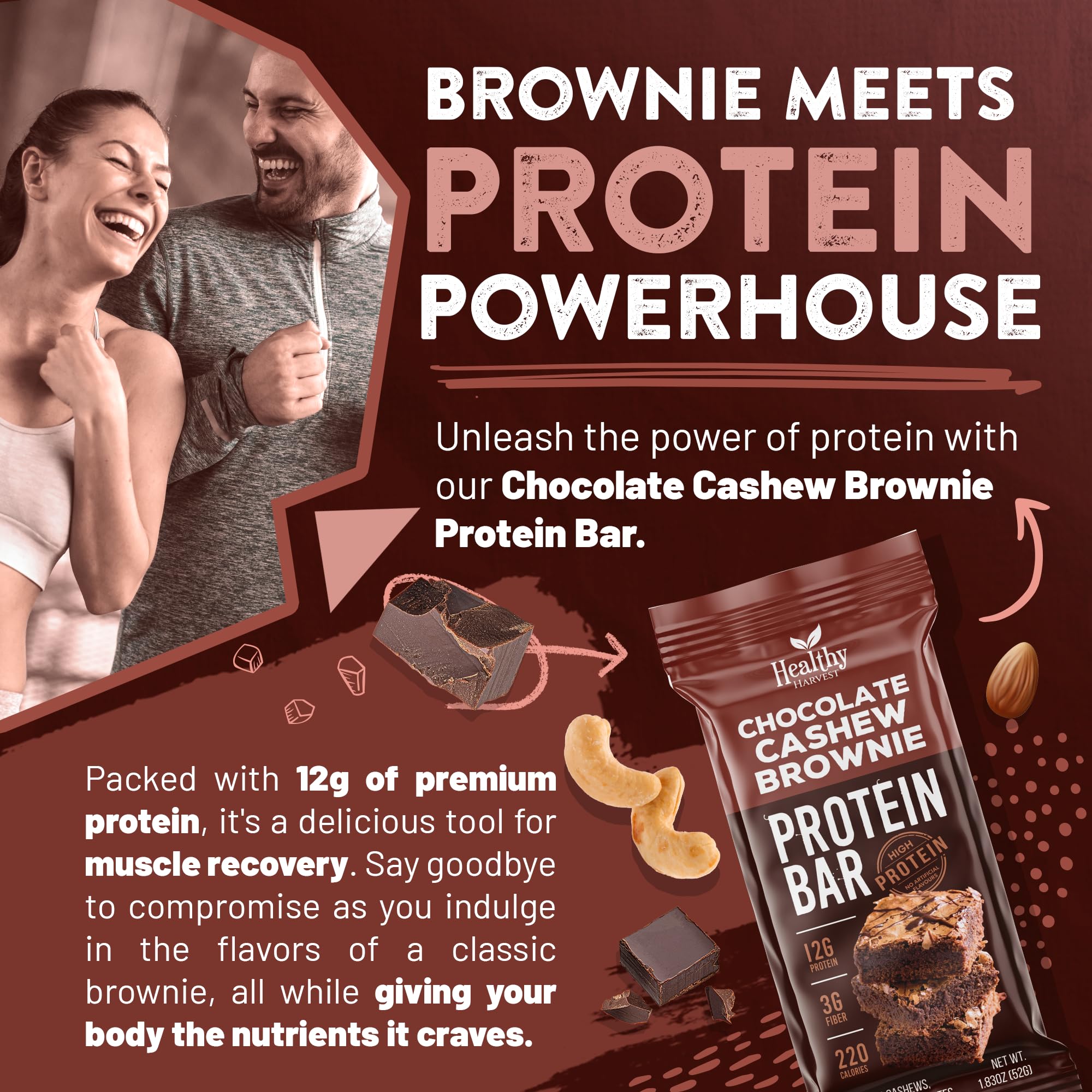 Chocolate Brownie Protein Bar, Healthy Real Whole Food High Protein Snack Made with 6 Simple Clean Natural Ingredients, Gluten, Dairy, Soy and B.S. Free, No Sugar Added, 6 Bars