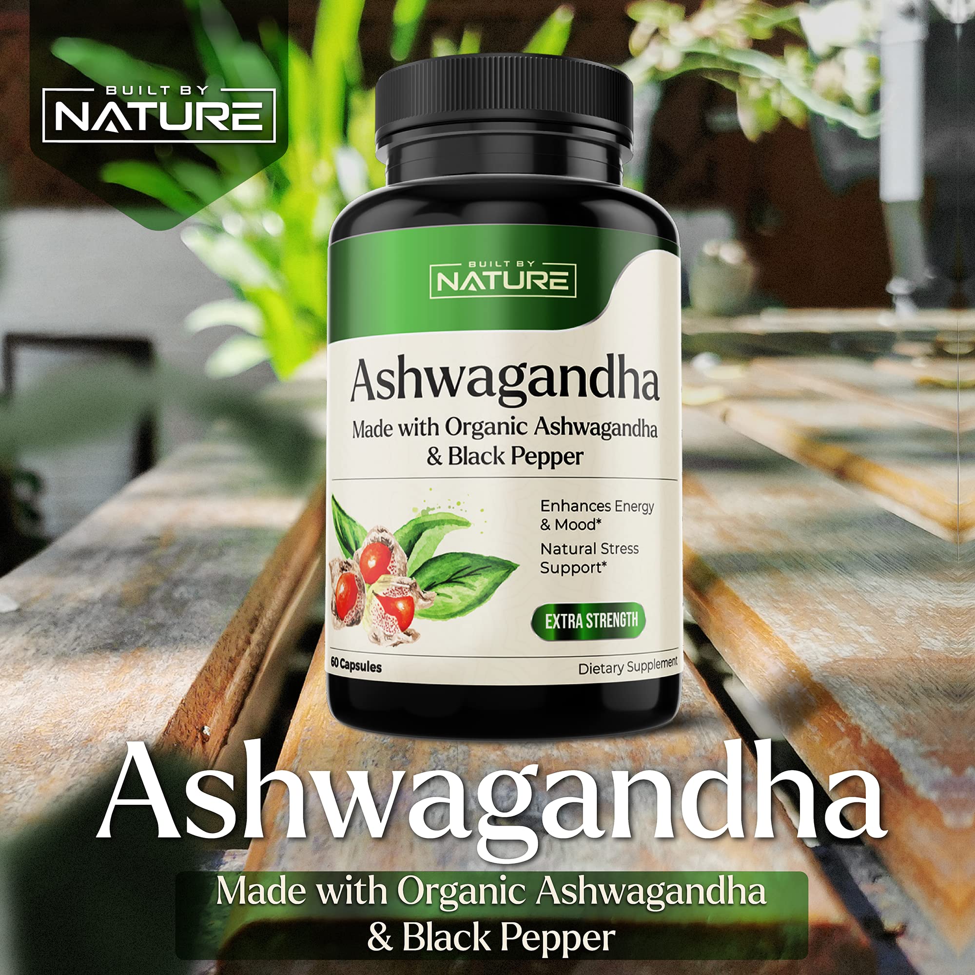 Ashwagandha with Black Pepper for Max Absorption - Pure Organic Ashwagandha Powder Supplement, Non-GMO, Gluten-Free & Gelatin Free - Stress, Mood, Focus, Immune & Thyroid Support - 60 Vegan Capsules