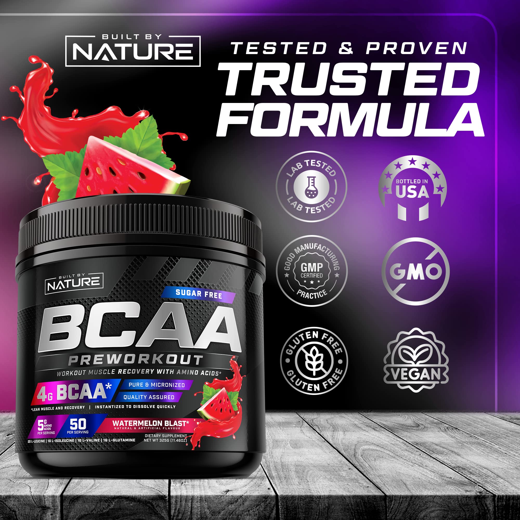 BCAA Powder - Post Workout Muscle Recovery & Hydration Supplement with Essential Amino Acids - Keto-Friendly, Sugar-Free - Watermelon Flavor - 4g BCAAs plus 1g Glutamine per Serving, 50 Servings