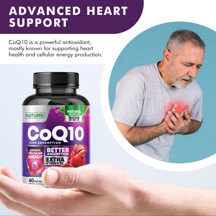 CoQ10 100mg Softgels, High Absorption Coenzyme Q10, Heart Health & Energy Production Support, Rapid Release Antioxidant Supplement - Gluten Free, Naturally Fermented, 60 Count – 2 Month Supply