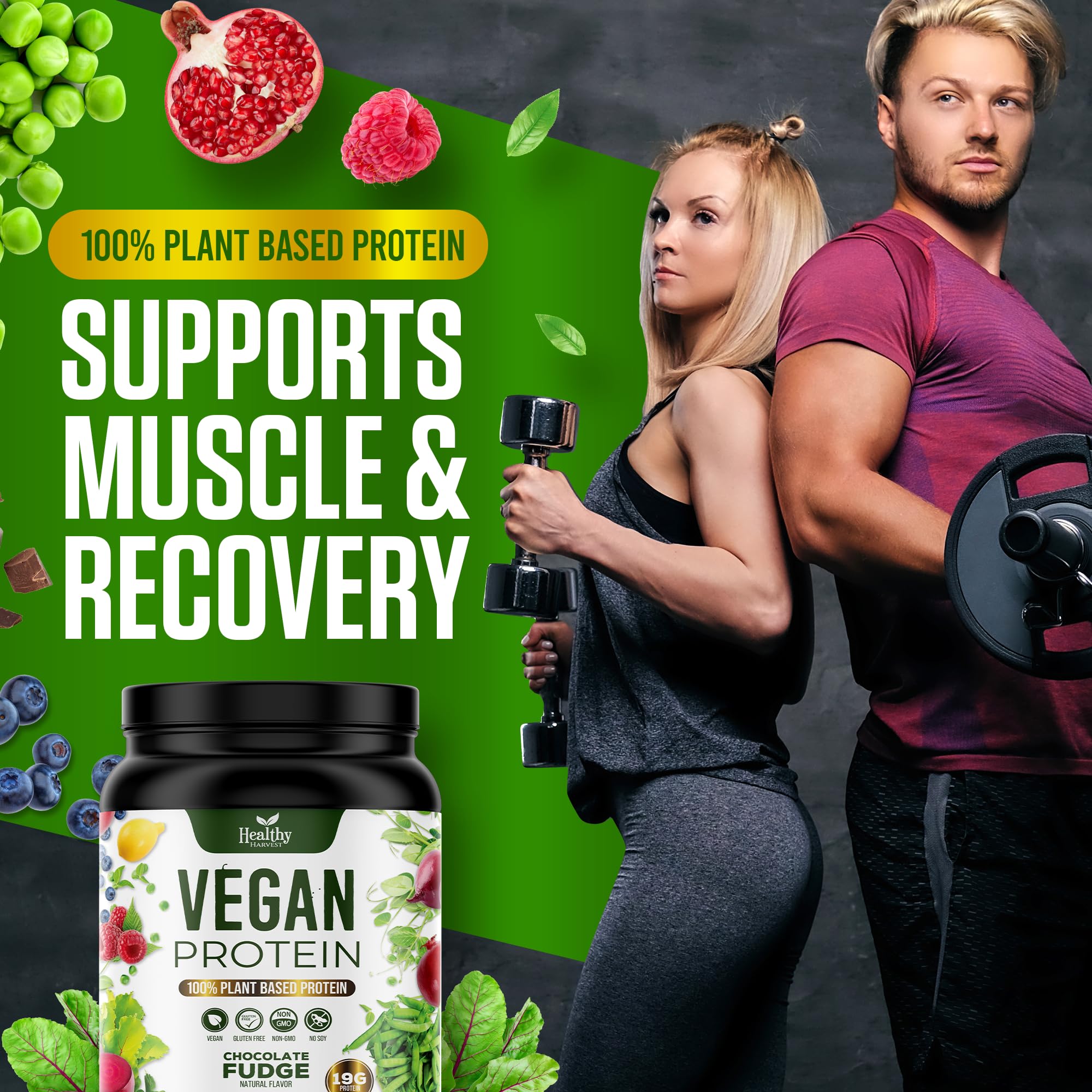 Vegan Protein Powder - 19g Plant Based Protein - Gluten, Dairy, Lactose, Soy Free, Includes Superfoods & BCAAs, For Smoothies & Shakes, Kosher, Keto-friendly, Chocolate Flavor - 2 LB, 30 Servings