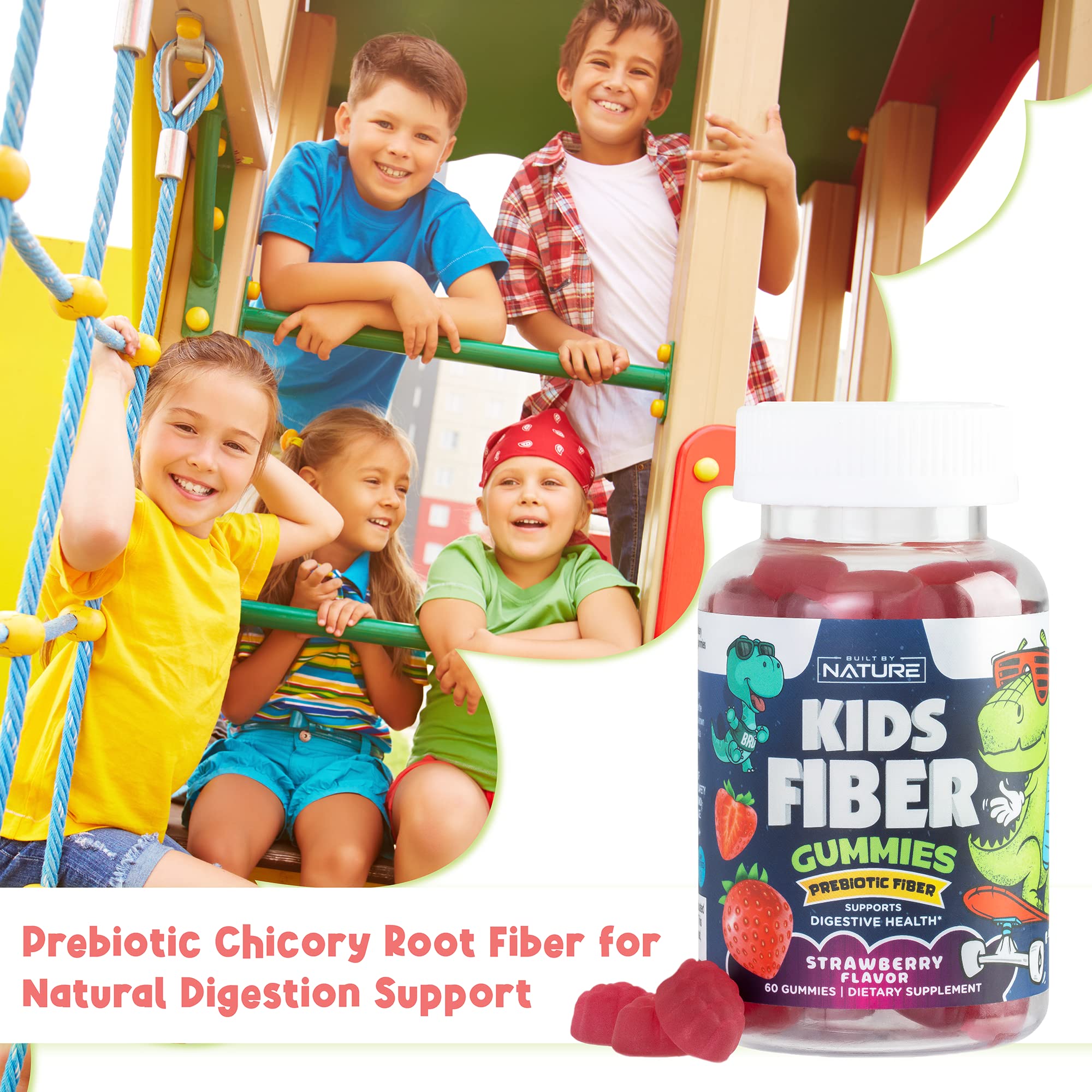 Kids Fiber Gummies, Daily Chicory Root Fiber Supplement, Plant Based, Non-GMO, for Digestive and Intestinal Gut Health, Low Sugar Prebiotic Fiber Gummy for Children, Strawberry Flavored, 60 Gummies