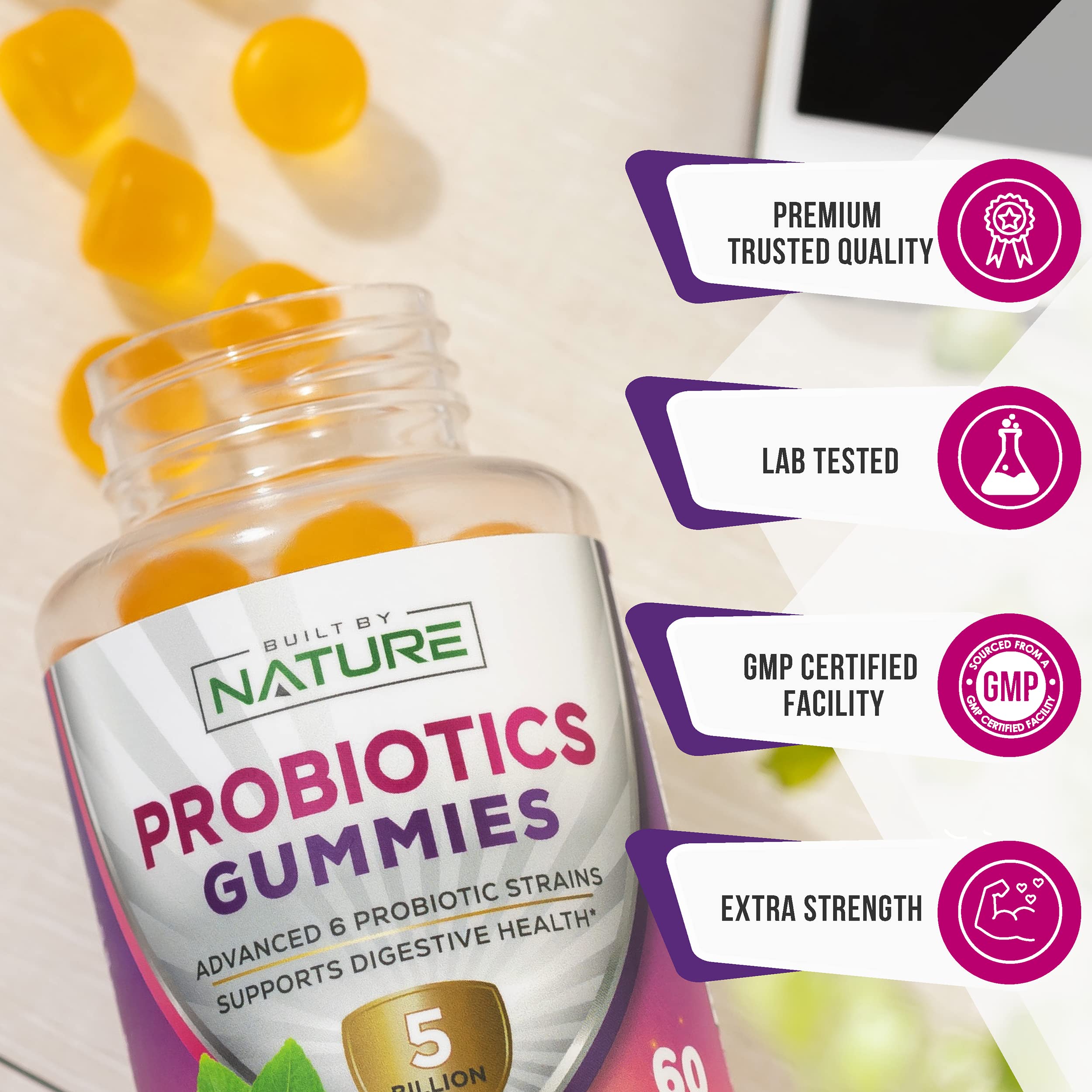 Probiotic Gummies – 5 Billion CFUs for Digestive & Gut Health - Reduces Occasional Bloating & Minor Abdominal Discomfort - Probiotic Gummy for Women & Kids - Natural Orange Flavor – 60 Gummies