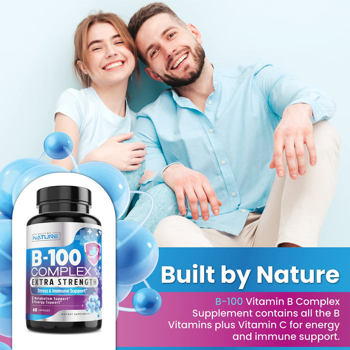 Vitamin B Complex - All B Vitamins B1, B2, B3, B5, B6, B7, B9, B12, Folic Acid, Vitamin C - Super B-100 Supplement - Immune, Energy & Metabolism Support, Vegan, Non-GMO, Gluten Free, 60 Capsules