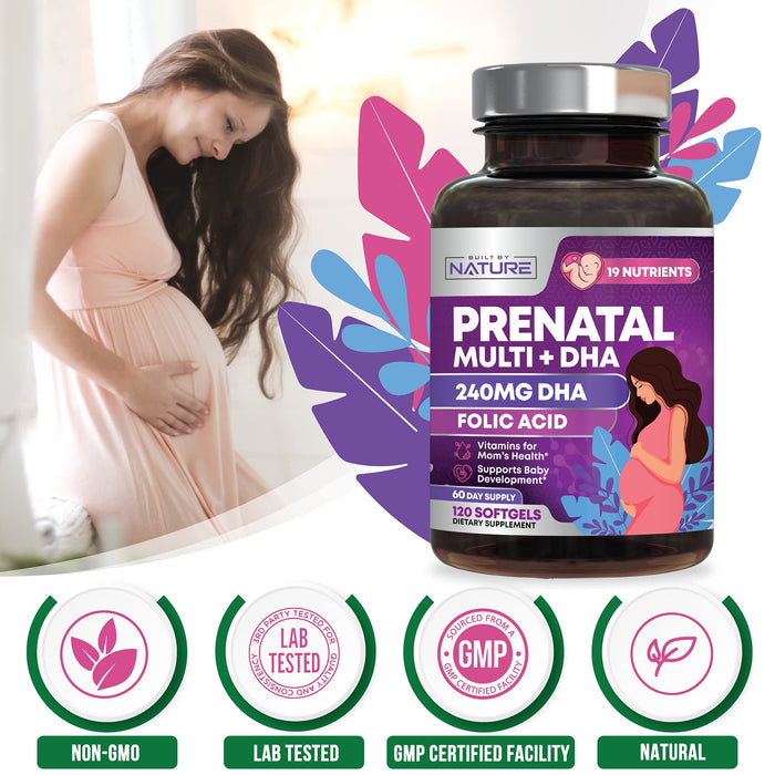 Built by Nature Prenatal Vitamins for Women - Multivitamin with DHA, Folic Acid, Vitamin C, B12, Iron & Omega-3 - Before, During & Post Pregnancy Supplement for Healthy Growth & Brain Development