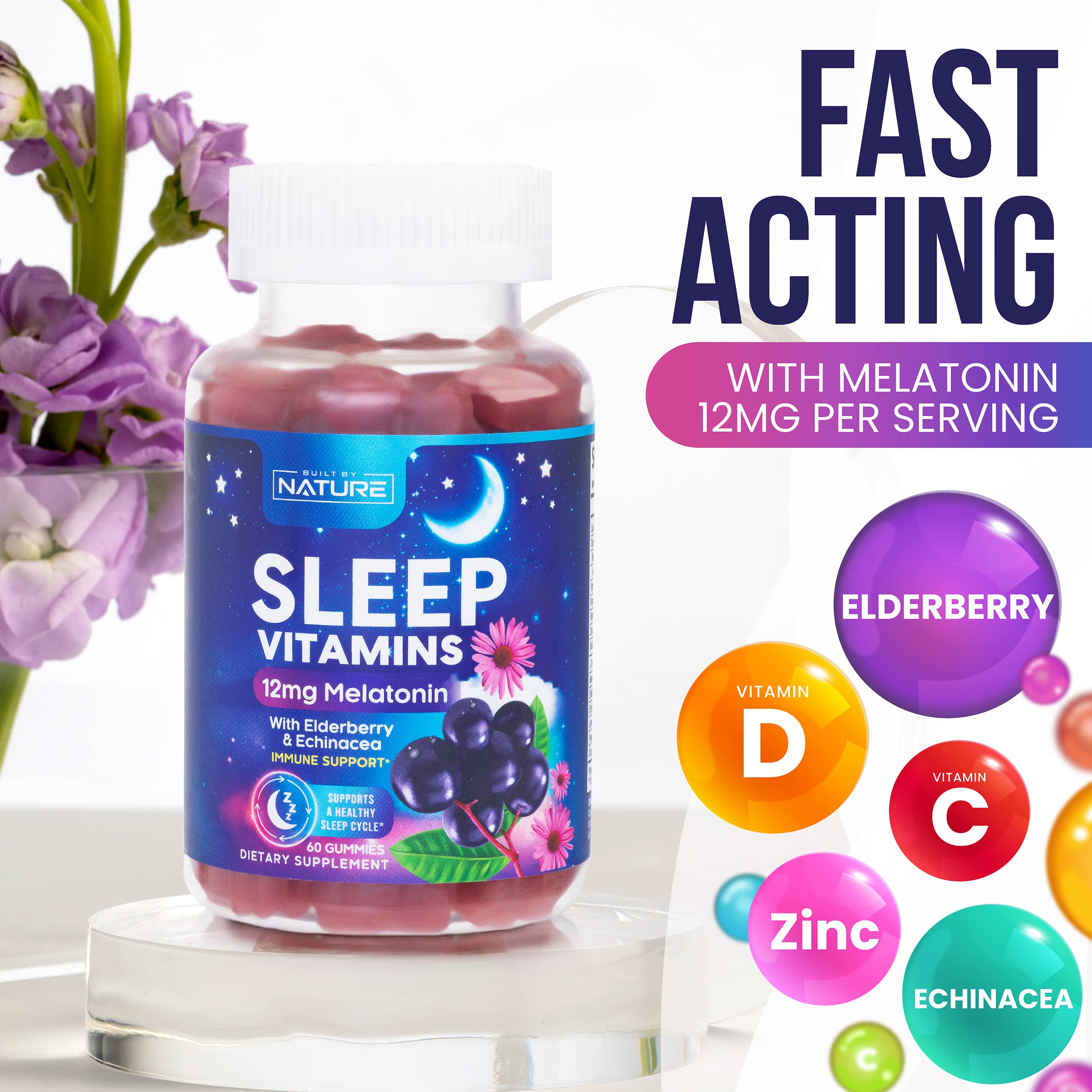 Melatonin Gummies 12mg - Max Strength Sleep Gummy with Elderberry, Zinc, Vitamin D & C for Immune Support - Drug-Free Sleep Aid - Fall Asleep Faster, Stay Asleep Longer - Berry Flavor - 60 Gummies