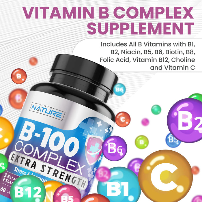Vitamin B Complex - All B Vitamins B1, B2, B3, B5, B6, B7, B9, B12, Folic Acid, Vitamin C - Super B-100 Supplement - Immune, Energy & Metabolism Support, Vegan, Non-GMO, Gluten Free, 60 Capsules