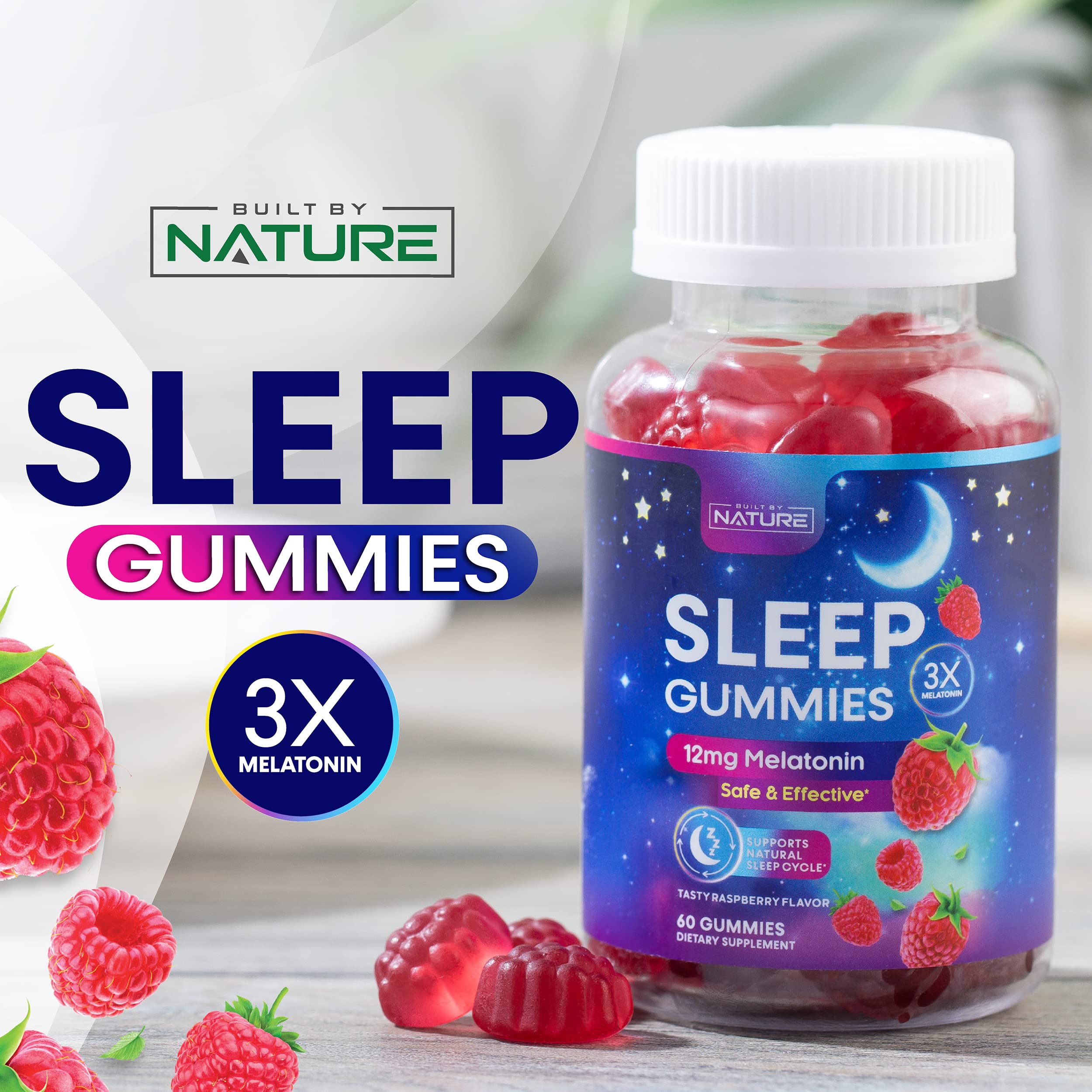 Melatonin 12mg Sleep Gummies, Fast Dissolving, Helps You Fall Asleep Faster & Stay Asleep Longer, 100% Drug Free, Supports Relaxation, Raspberry Flavor, Vegetarian, Non-GMO, Gluten Free, 60 Count