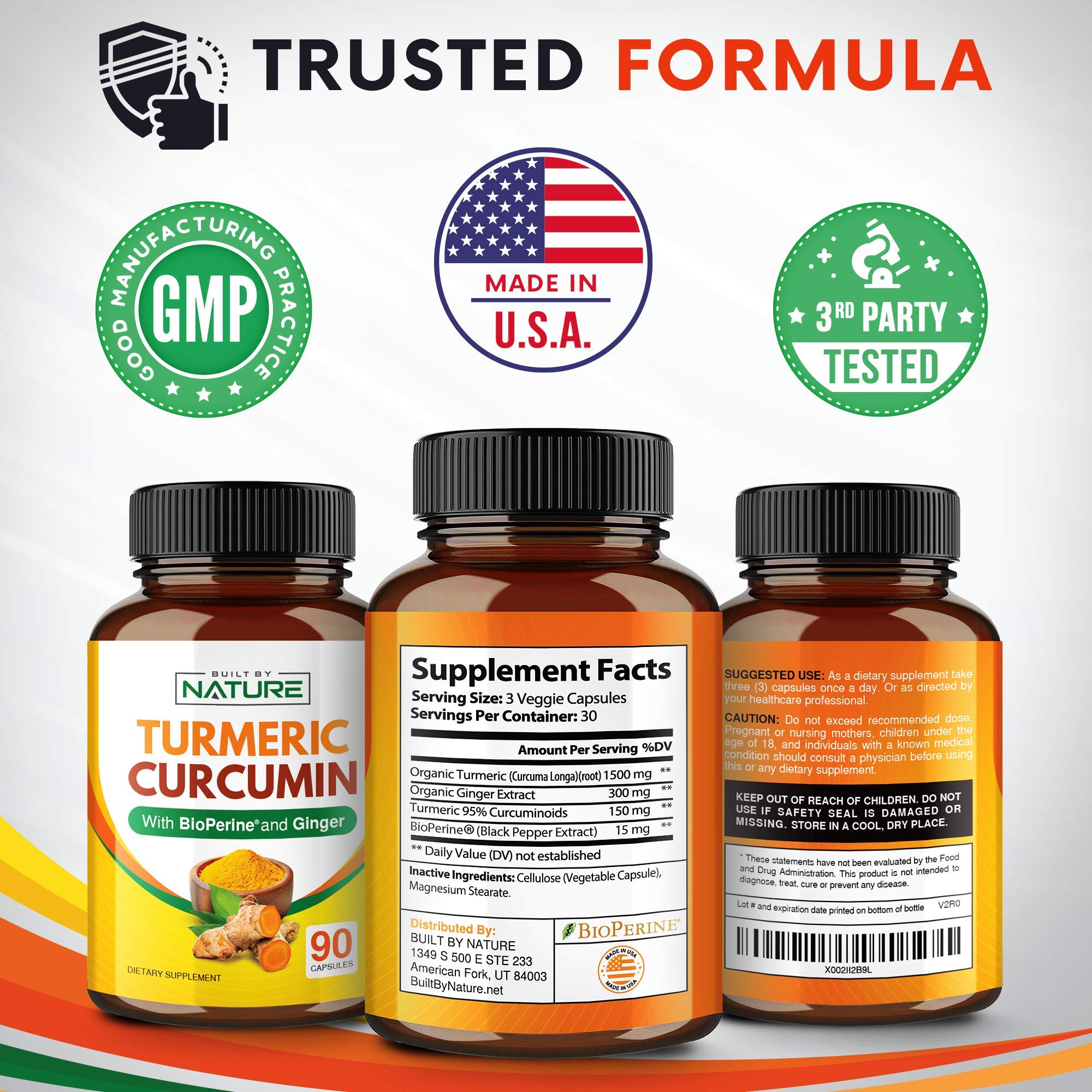 Turmeric Curcumin 1965mg with BioPerine & Ginger, Extra Strength 95% Curcuminoids - Black Pepper for Max Absorption, Natural Joint & Antioxidant, Non-GMO, Vegan Gluten Free Supplement, 90 Capsules