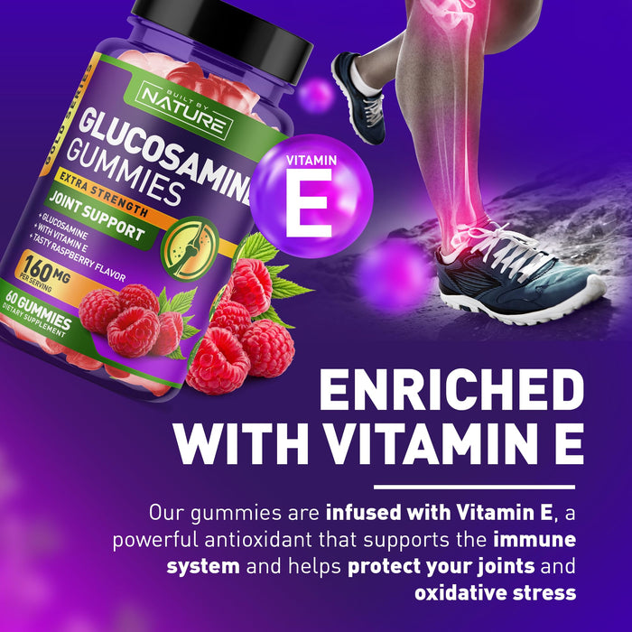 Glucosamine Gummies with Vitamin E - Advanced Joint Support Gummy Supplement, High Potency Antioxidant & Inflammatory Response, Comfort for Back, Knees, Hands, Non GMO, 60 Extended Delivery Gummies