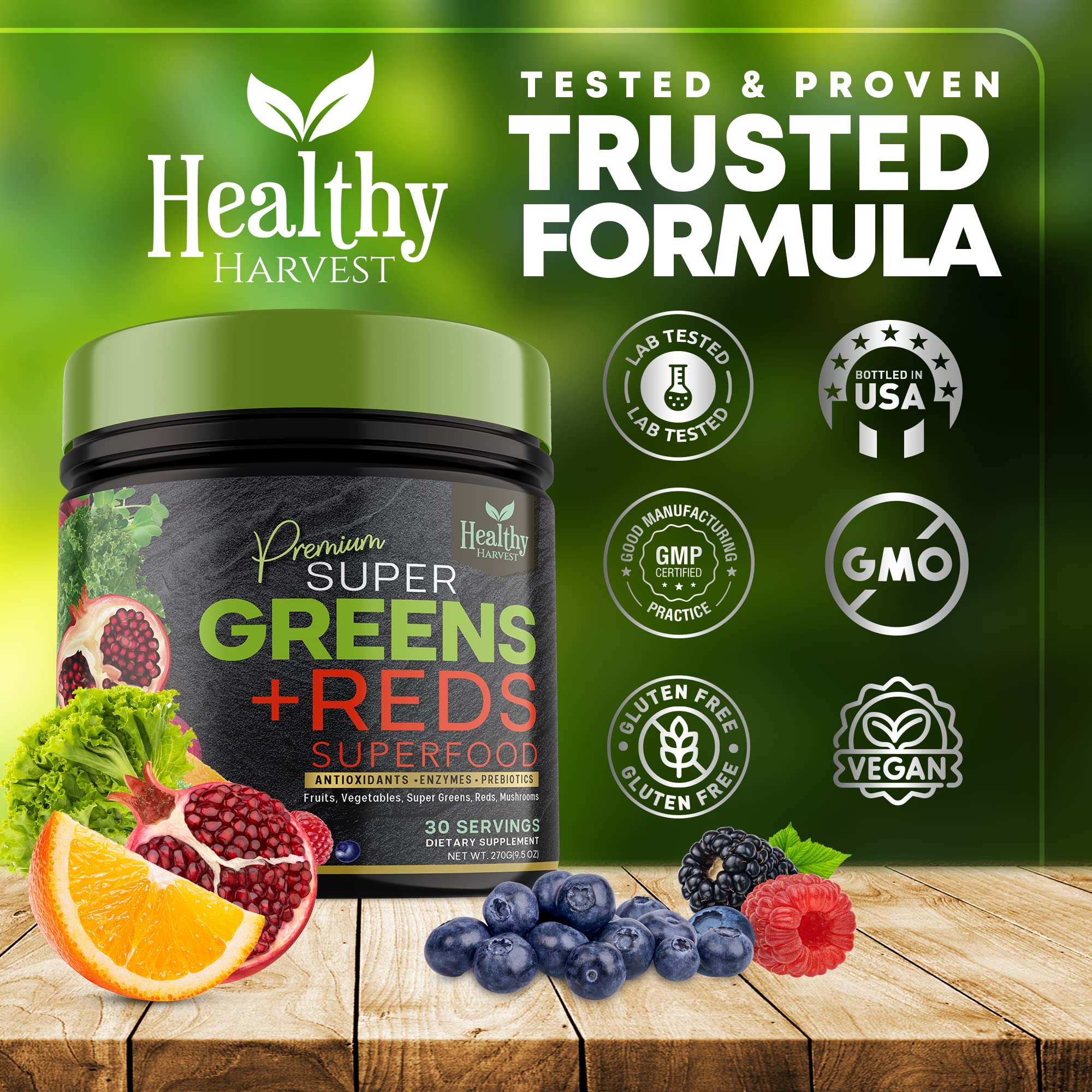 Greens Powder Superfood Supplement - Super Green Reds Smoothie Mix Blend with Spirulina, Wheat Grass, Chlorella, Beets, Digestive Enzymes, Natural Antioxidants - Vegan, Non-GMO - 30 Servings
